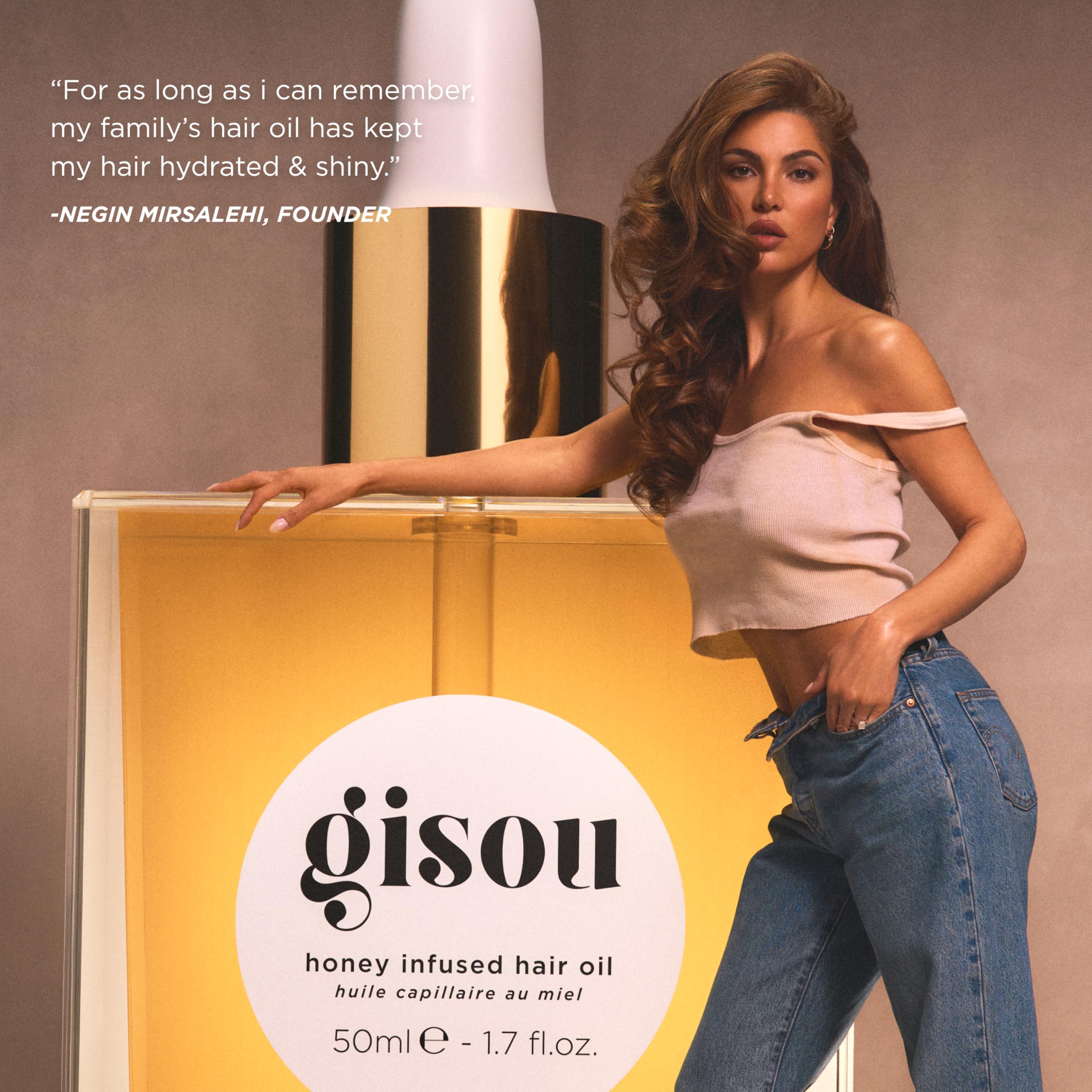 Gisou Honey Infused Hair Oil pair with Honey Gloss Ceramide Therapy for glossy, hydrated results.