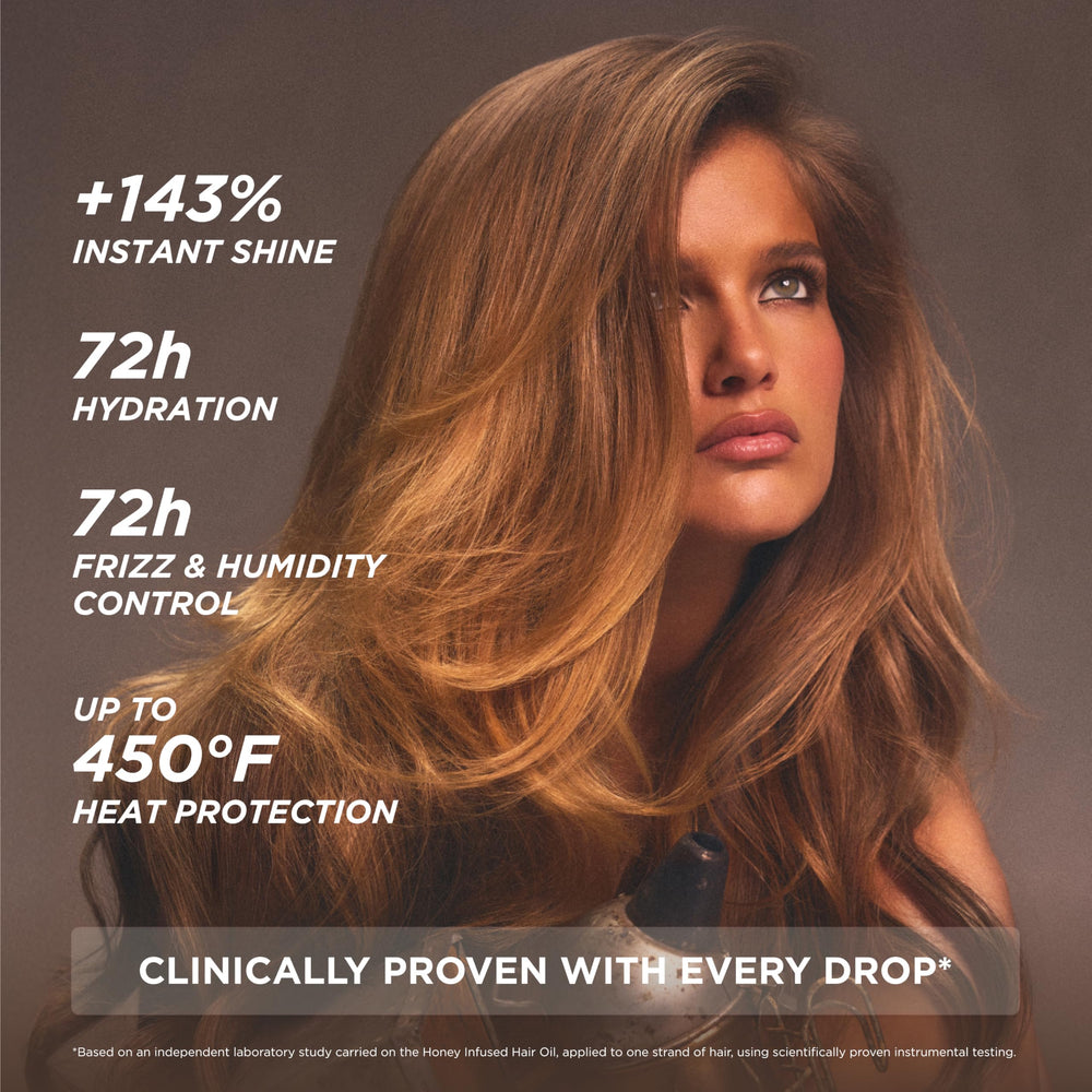 Gisou Honey Infused Hair Oil bottle with ingredient list emphasizing Mirsalehi Honey and Bee Garden Oil.