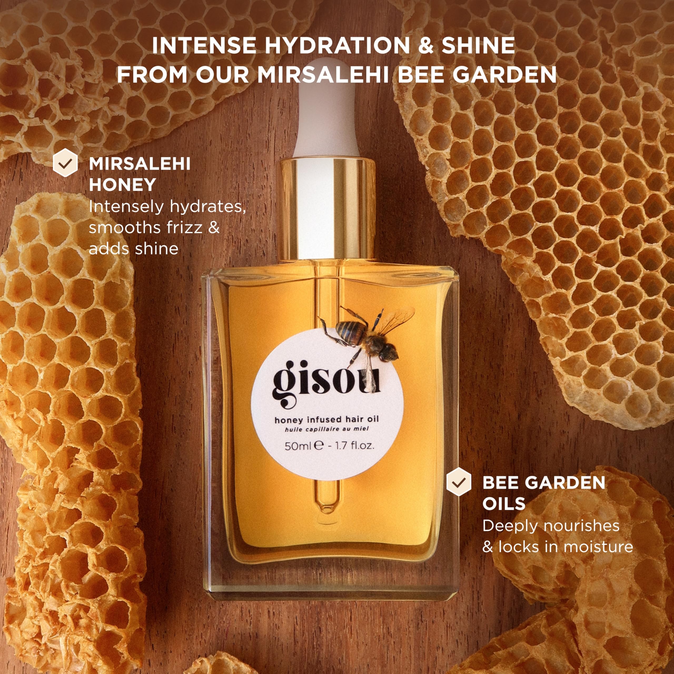 Gisou Honey Infused Hair Oil Mini cap dispense highlights easy, mess-free application