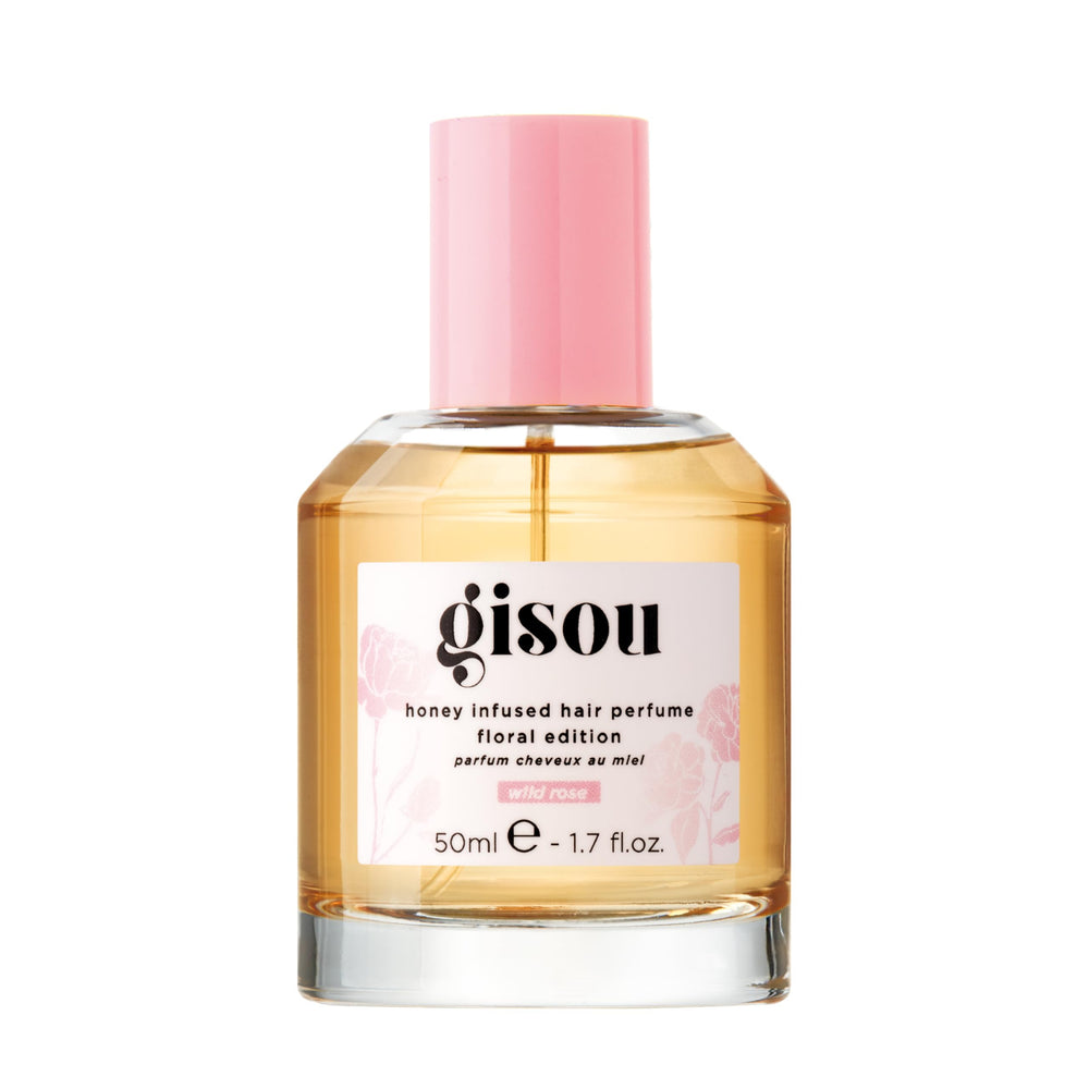 Gisou Honey Infused Hair Perfume bottle highlights hydrating shine and honey scent.