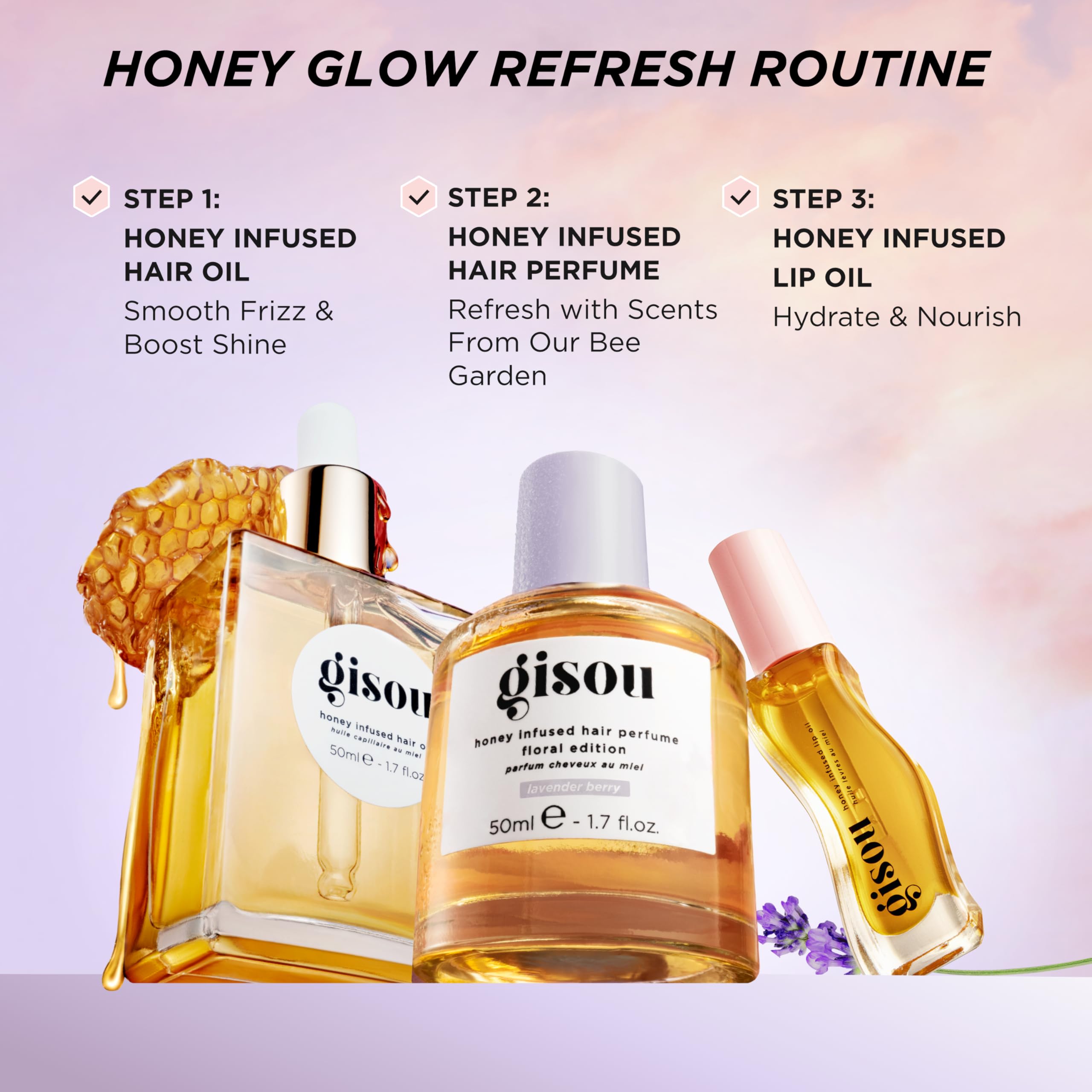 Product close-up showing lightweight formula spreading through hair for shine