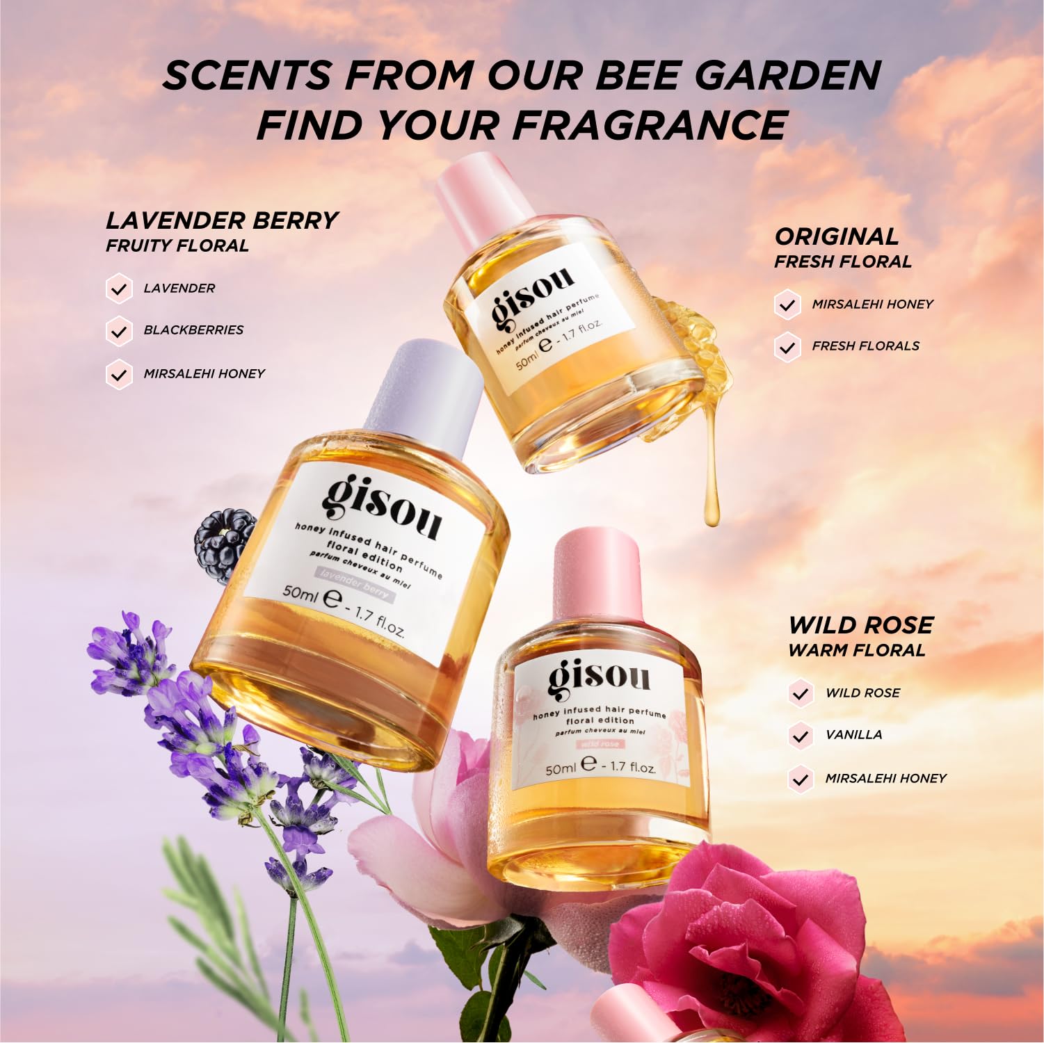 Gisou Honey Infused Hair Perfume Mini Lavender Berry scent for calming notes