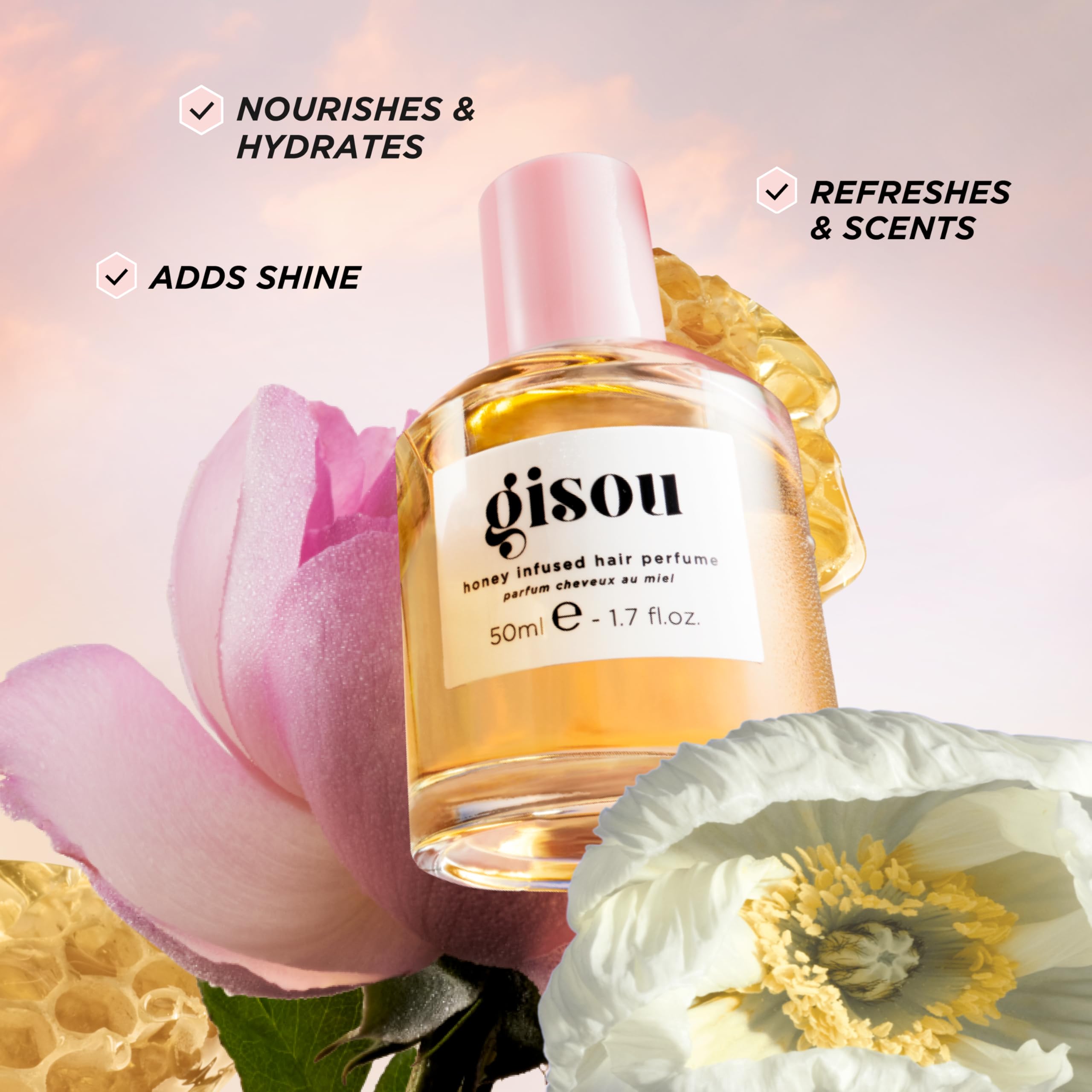 Gisou Honey Infused Hair Perfume with Mirsalehi honey nourishes softness and fragrance.
