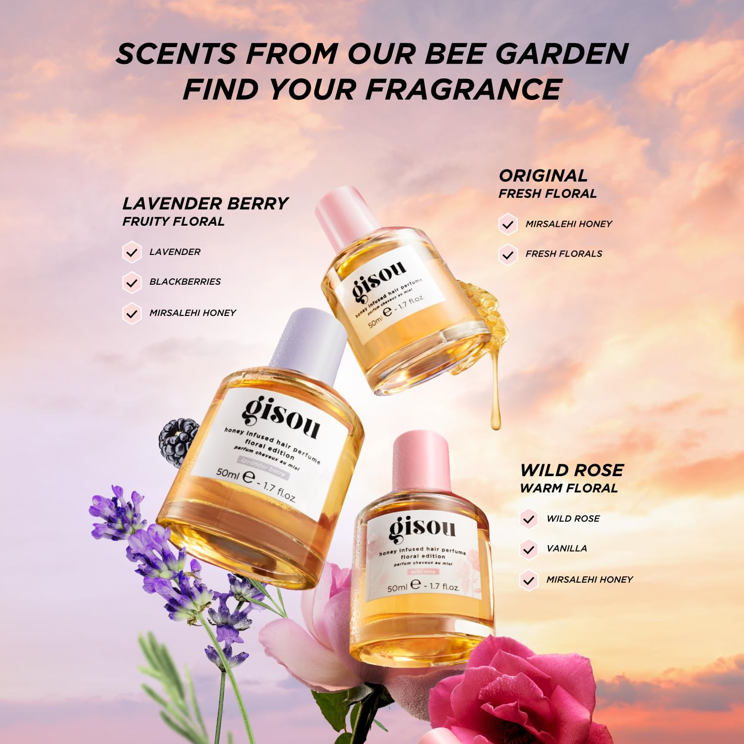 Gisou Honey Infused Hair Perfume Wildflower ingredients highlight Mirsalehi honey and argan oil for softness.