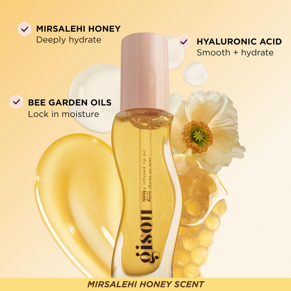 Gisou Honey Infused Lip Oil ingredients visual highlighting jojoba and honey for nourished lips.