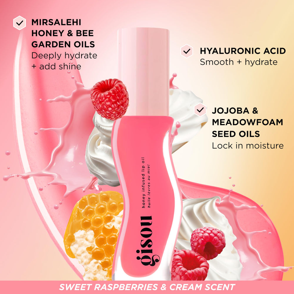 Gisou Raspberry Swirl glossy finish shot for radiant lip glow