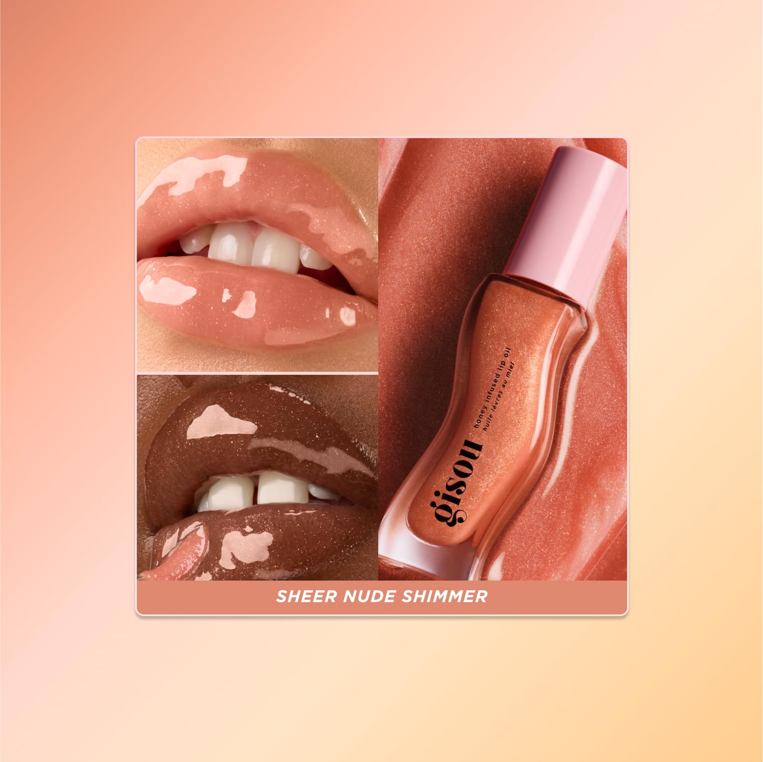 Gisou Honey Infused Lip Oil ultra-glossy finish close-up shows high shine without stickiness