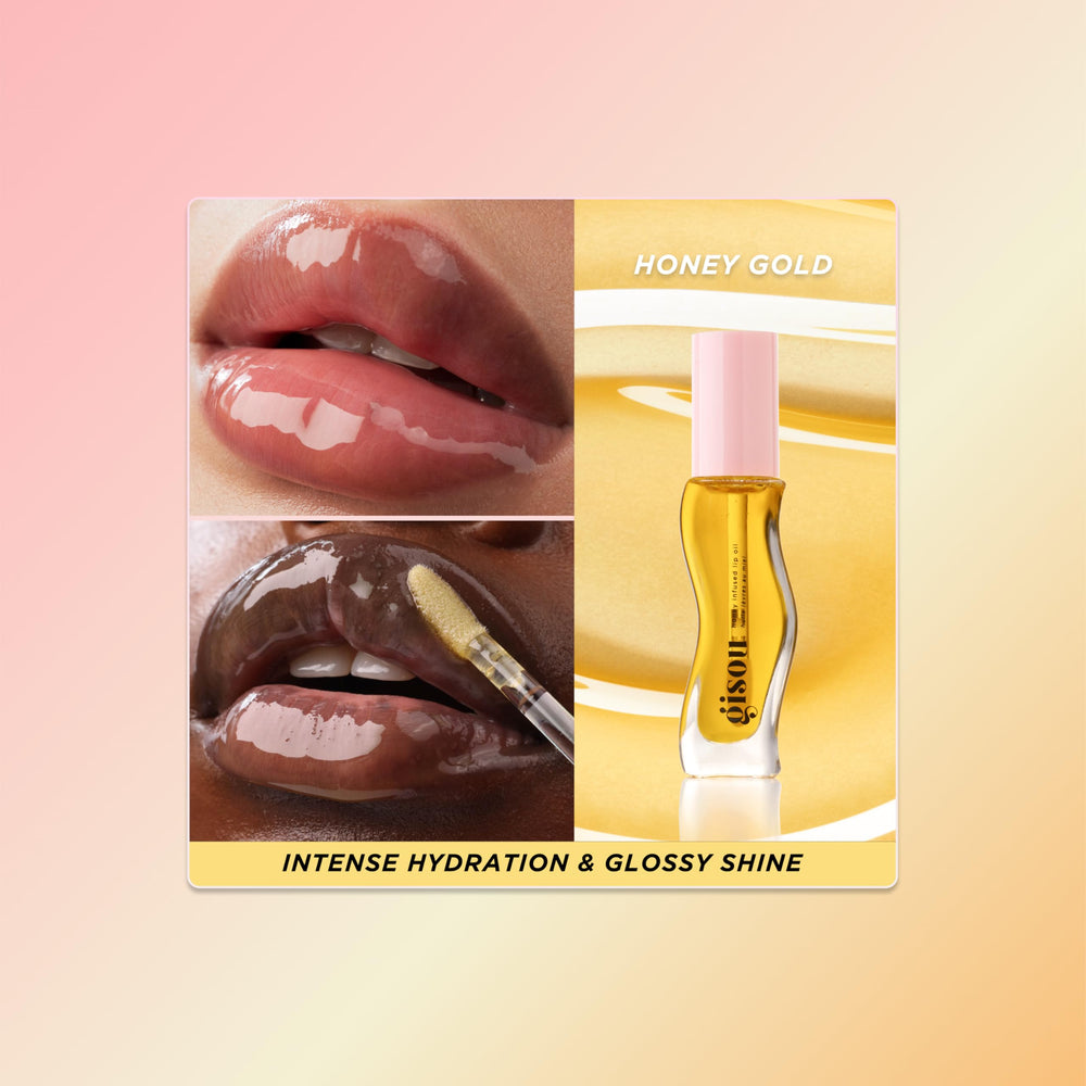 Gisou Honey Infused Lip Oil wand application for smooth glide and even shine.