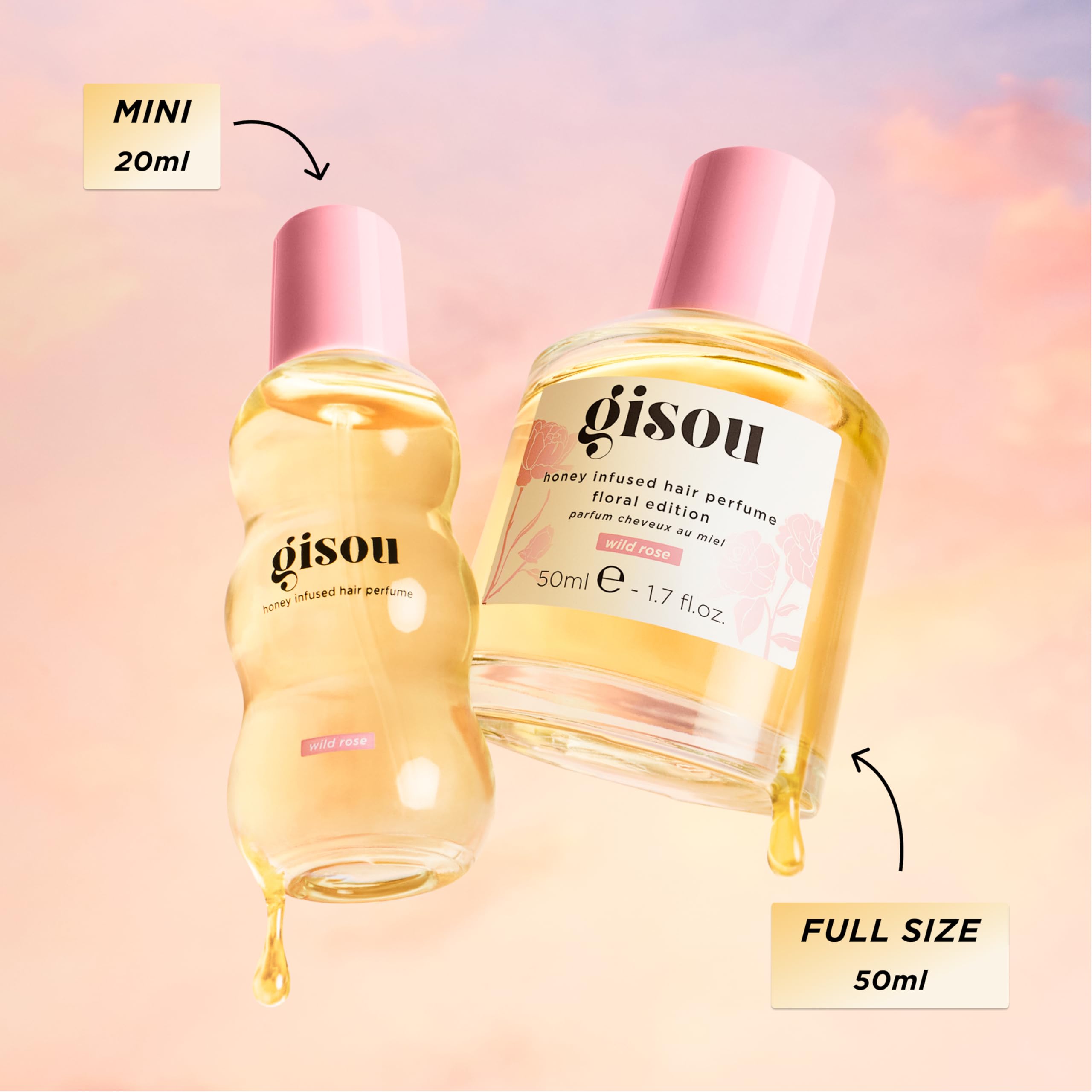 Gisou Wild Rose fragrance swirl suggests premium scent experience and easy reapplication.