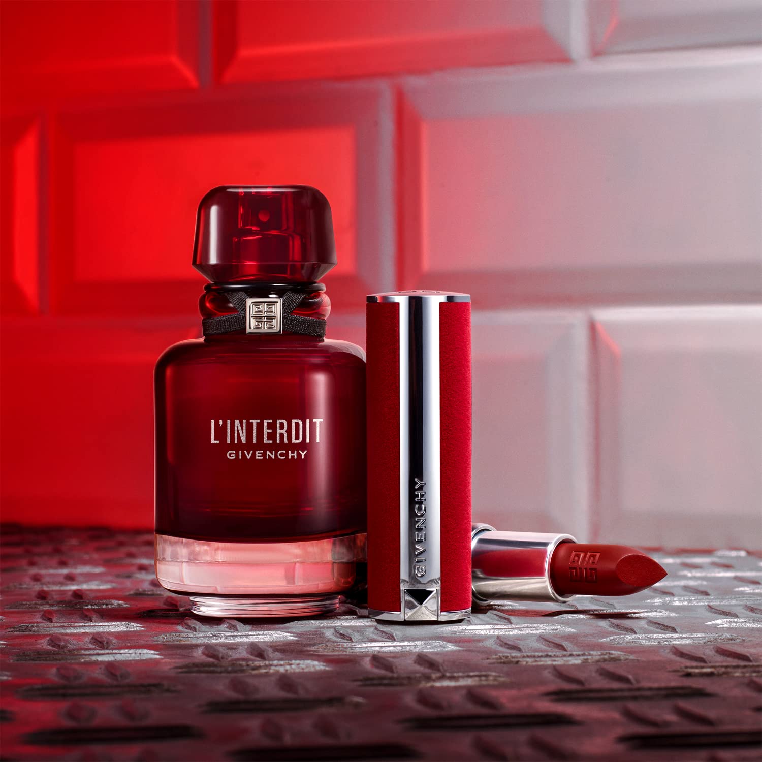 Givenchy L’Interdit Rouge bottle-angle highlights the luxurious silhouette