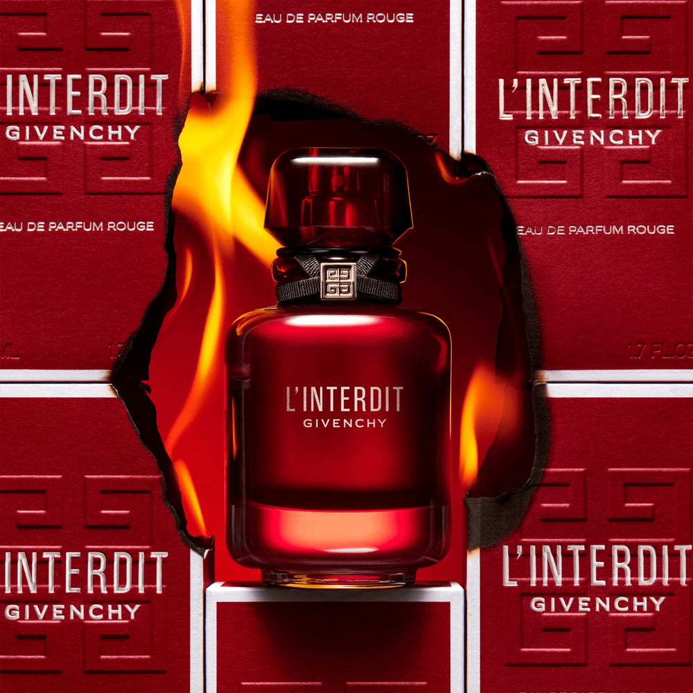 Givenchy L’Interdit Rouge vanity-setup on shelf illustrates elegant display.
