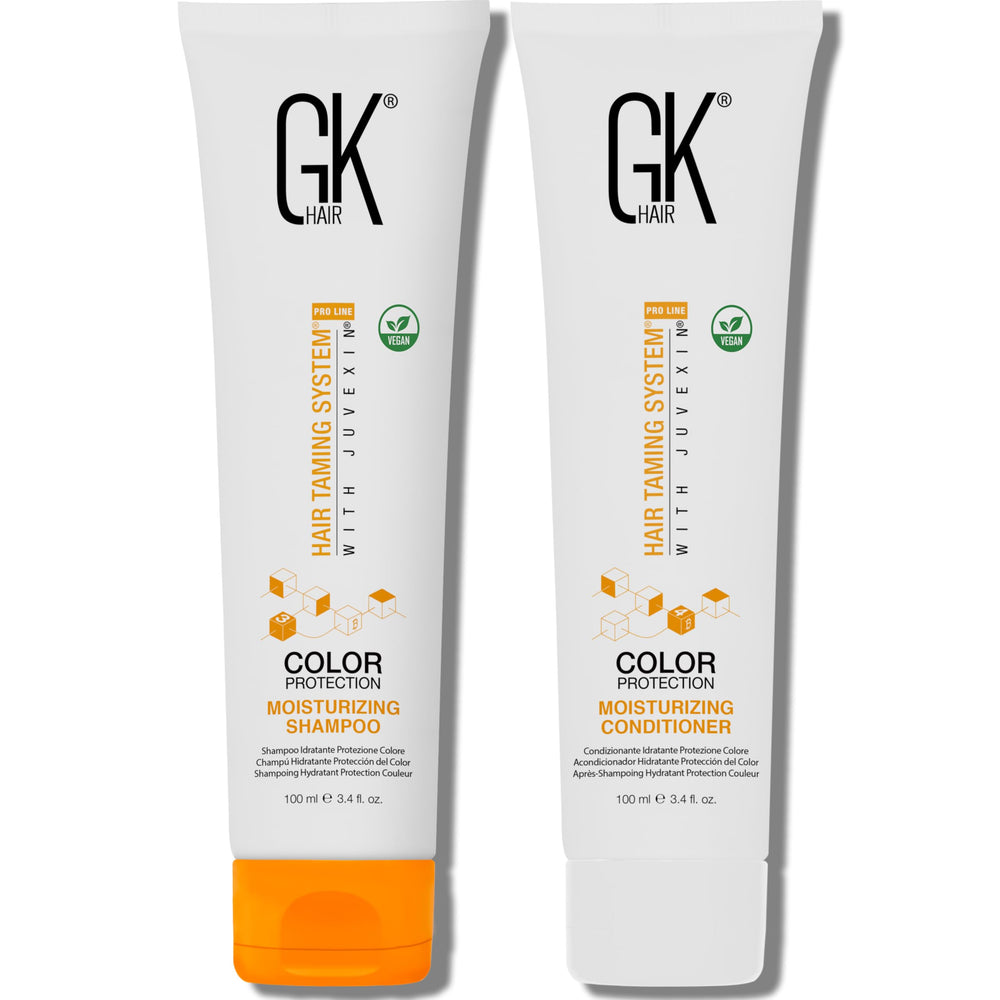 GK HAIR shampoo bottle pouring demonstrates color protection and hydration.
