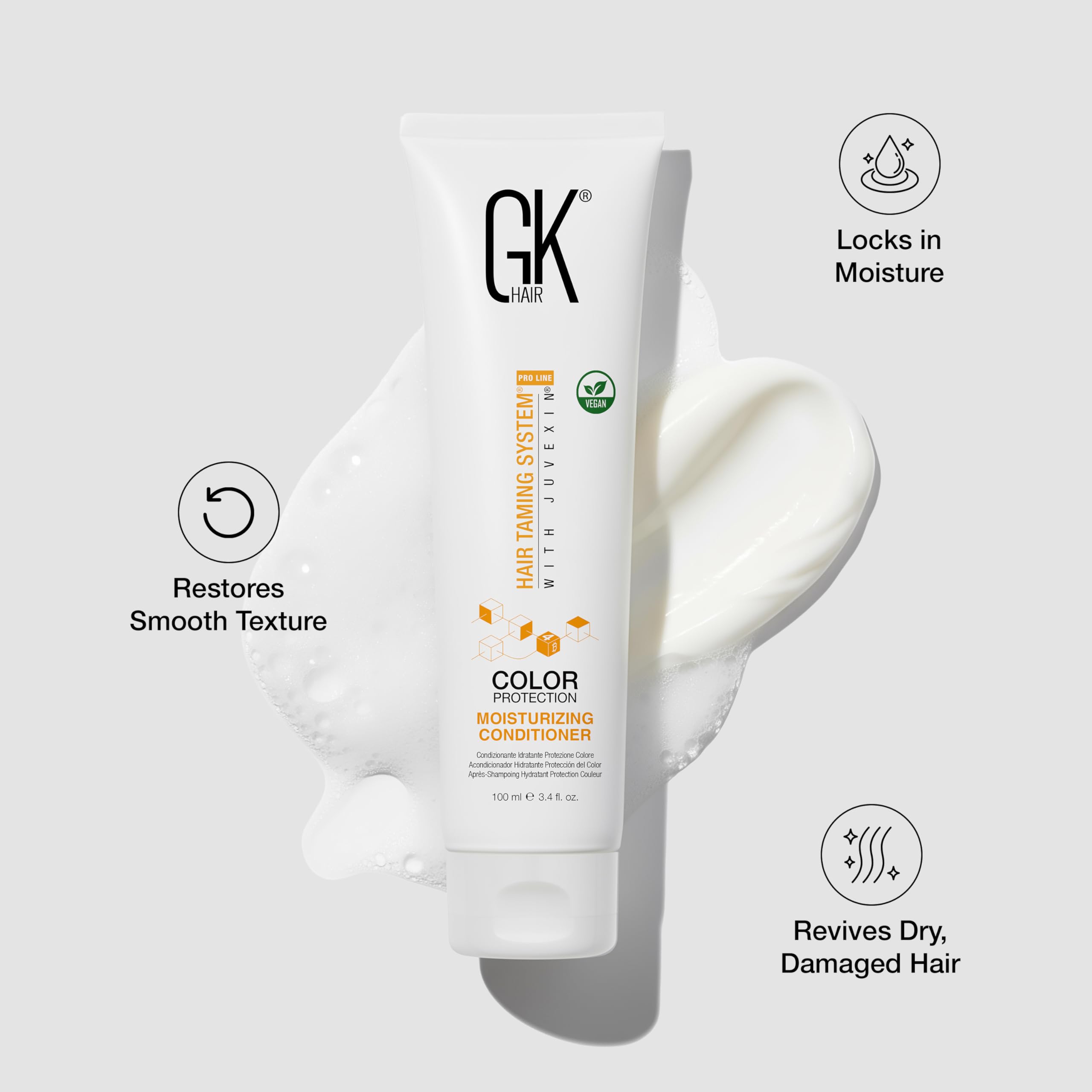 GK HAIR travel-size duo shown on vanity for on-the-go routines.