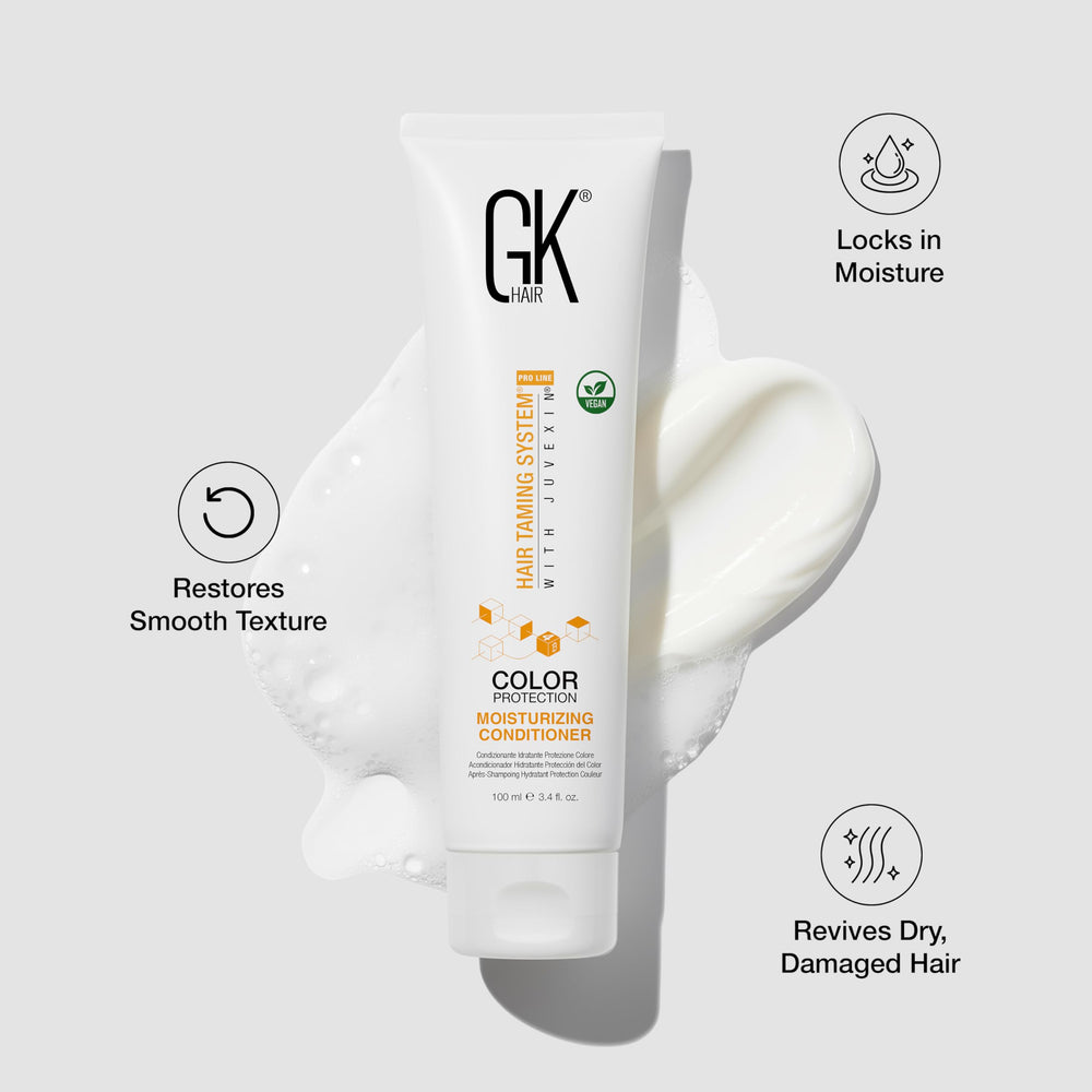 GK HAIR travel-size duo shown on vanity for on-the-go routines.