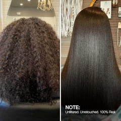 Before and after GK Hair smoothing showcasing reduced frizz and shine.