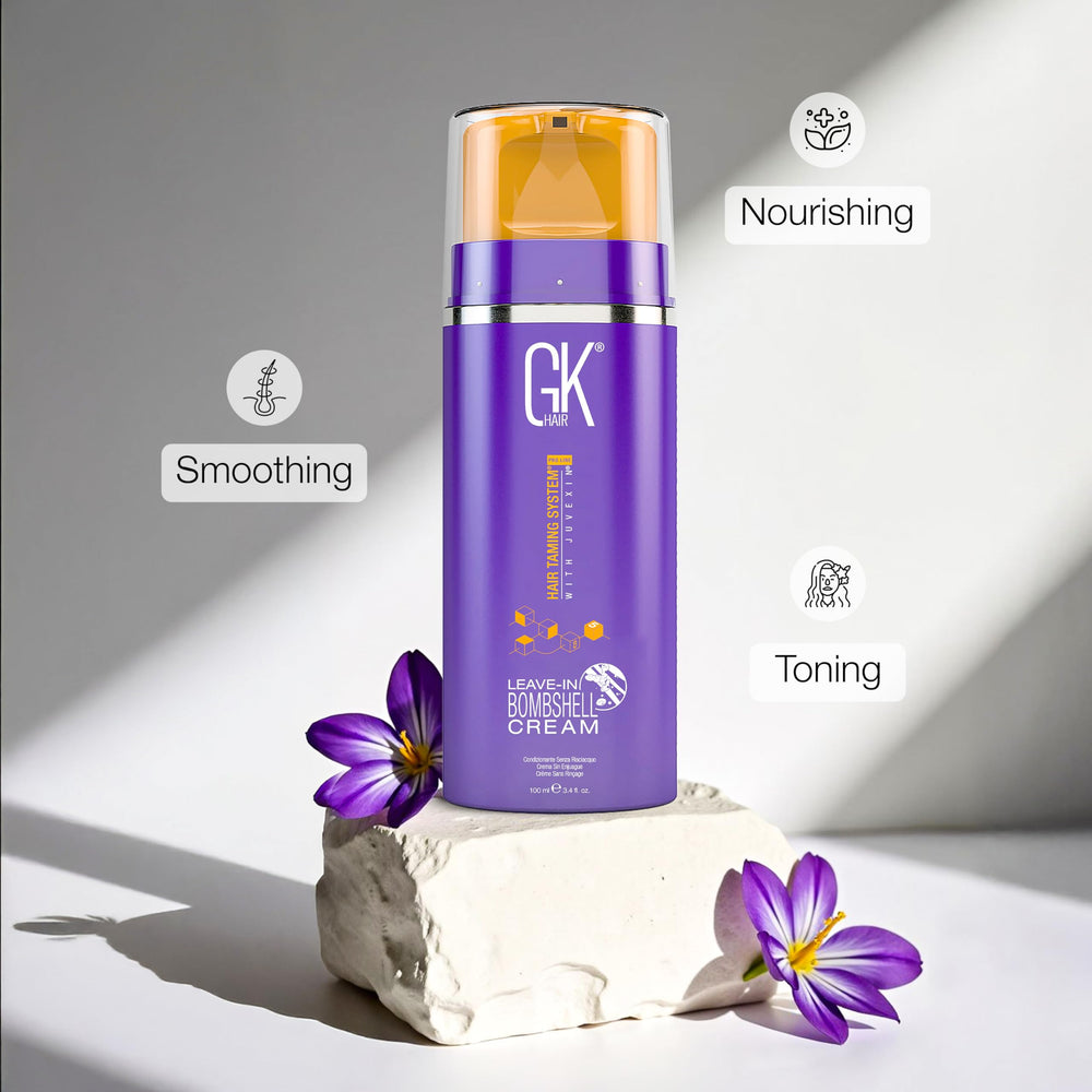 GK Hair Bombshell Cream on hair shows non-greasy, moisturized finish.