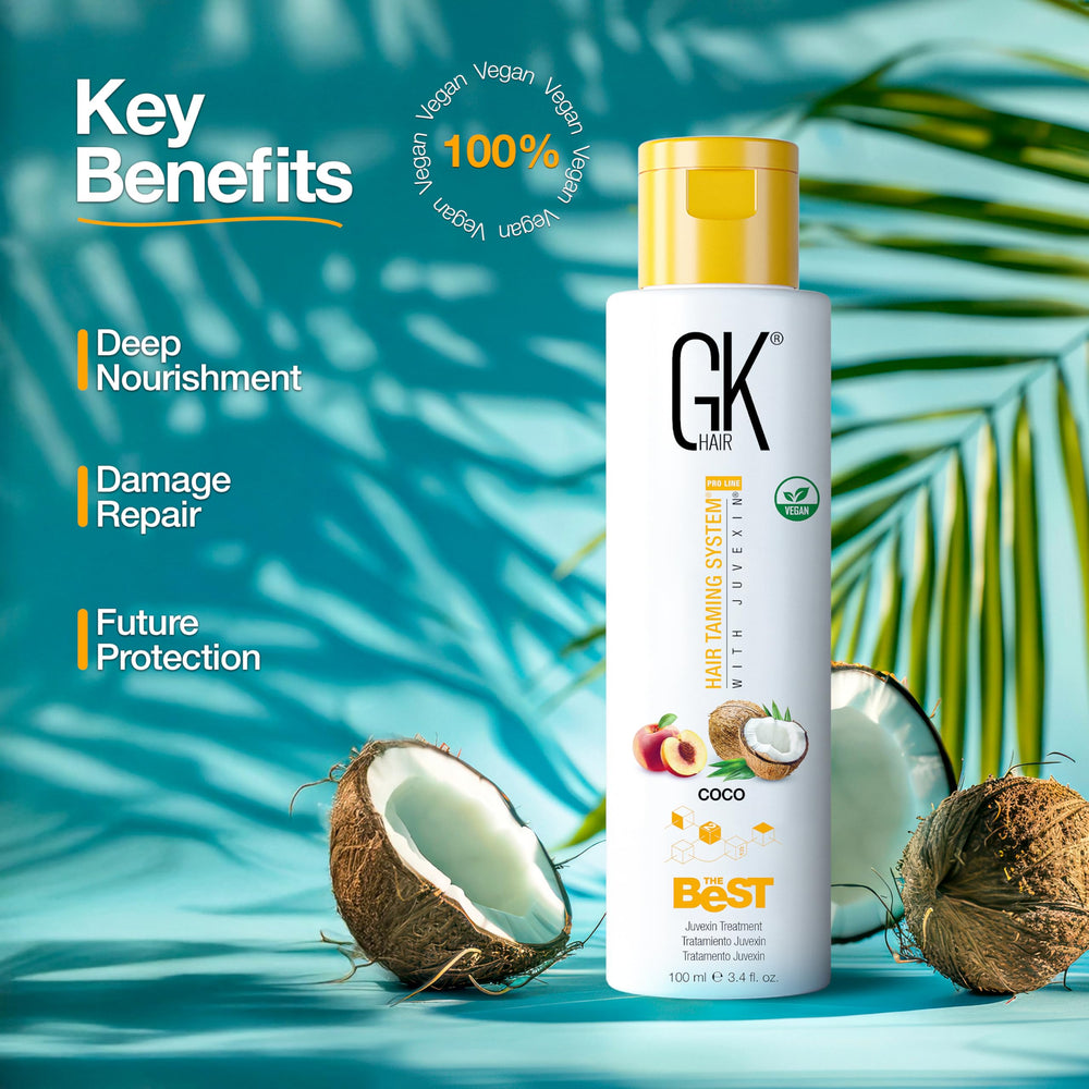 GK Hair COCO smoothing kit and instructions displayed on counter