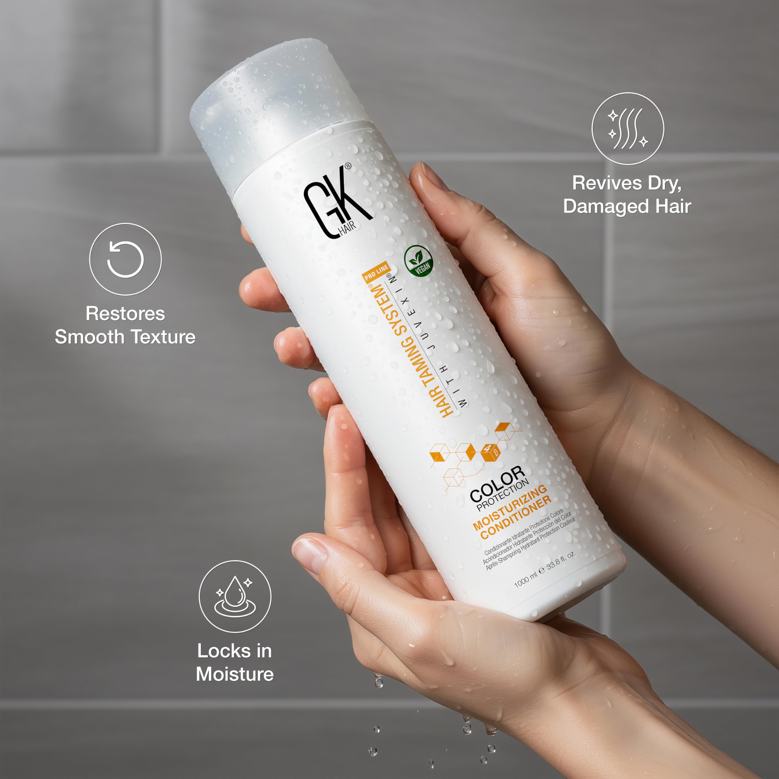 GK HAIR damaged-hair repair action showing revitalized, smoother strands