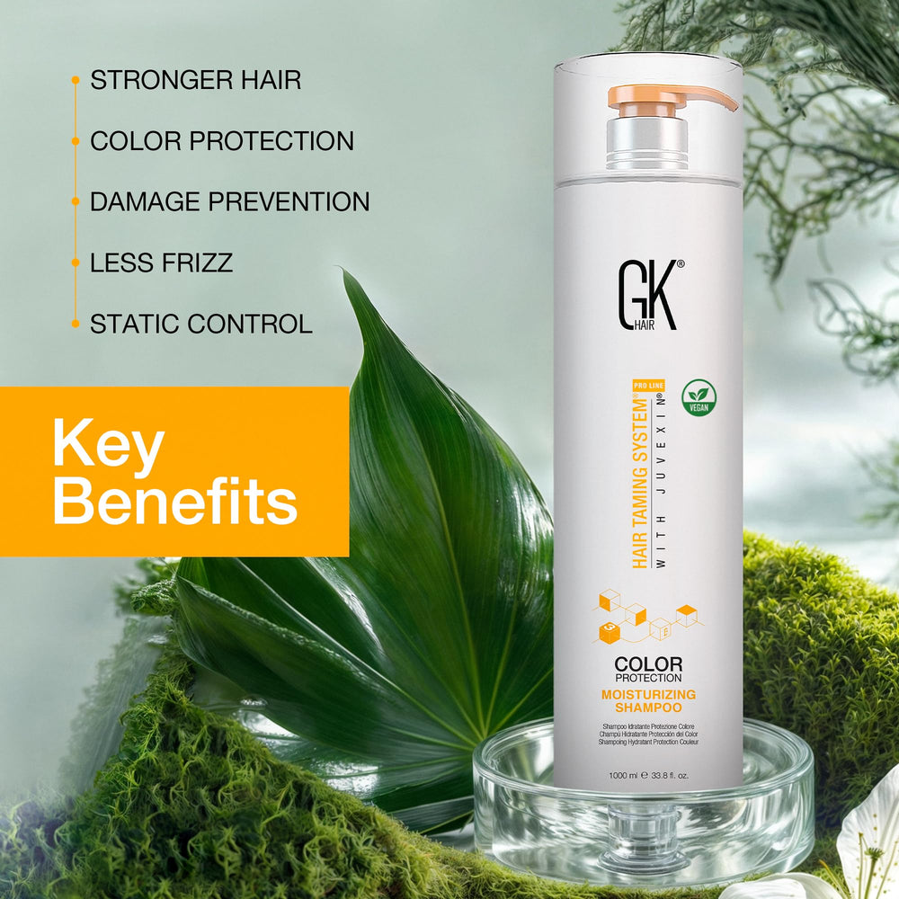 GK HAIR frizz control formula on hair strands for sleek manageability.
