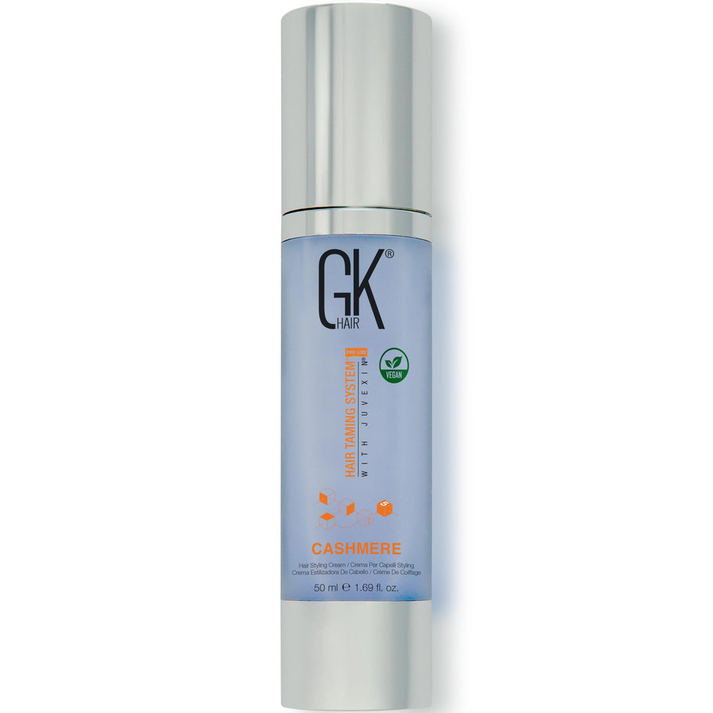 GK HAIR Global Keratin Leave-In Cashmere bottle showing anti-frizz smoothing care.