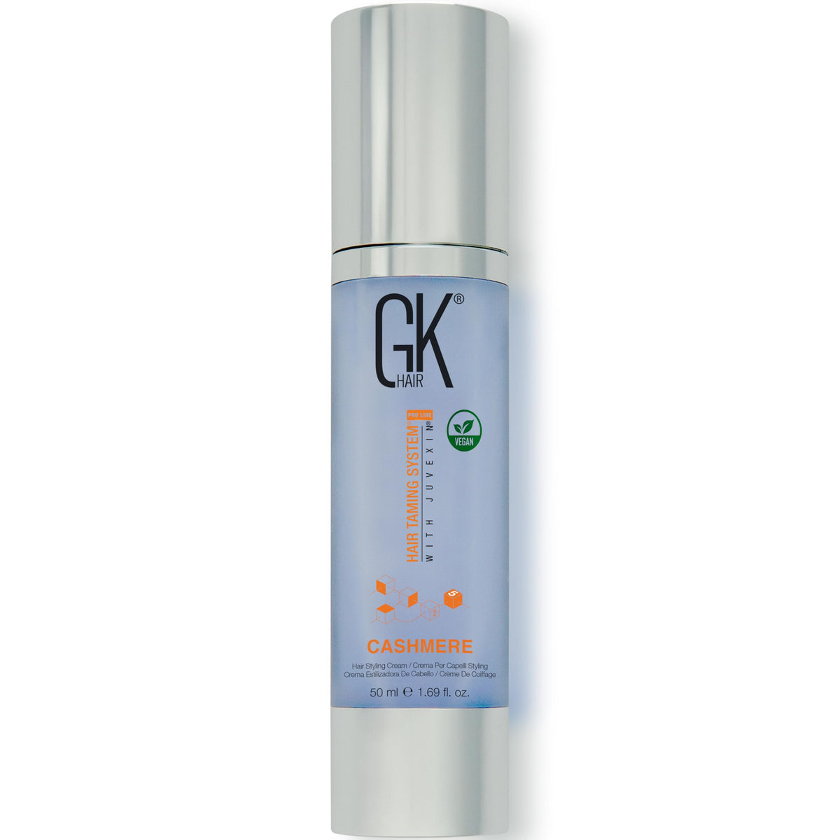 GK HAIR Global Keratin Leave-In Cashmere bottle showing anti-frizz smoothing care.