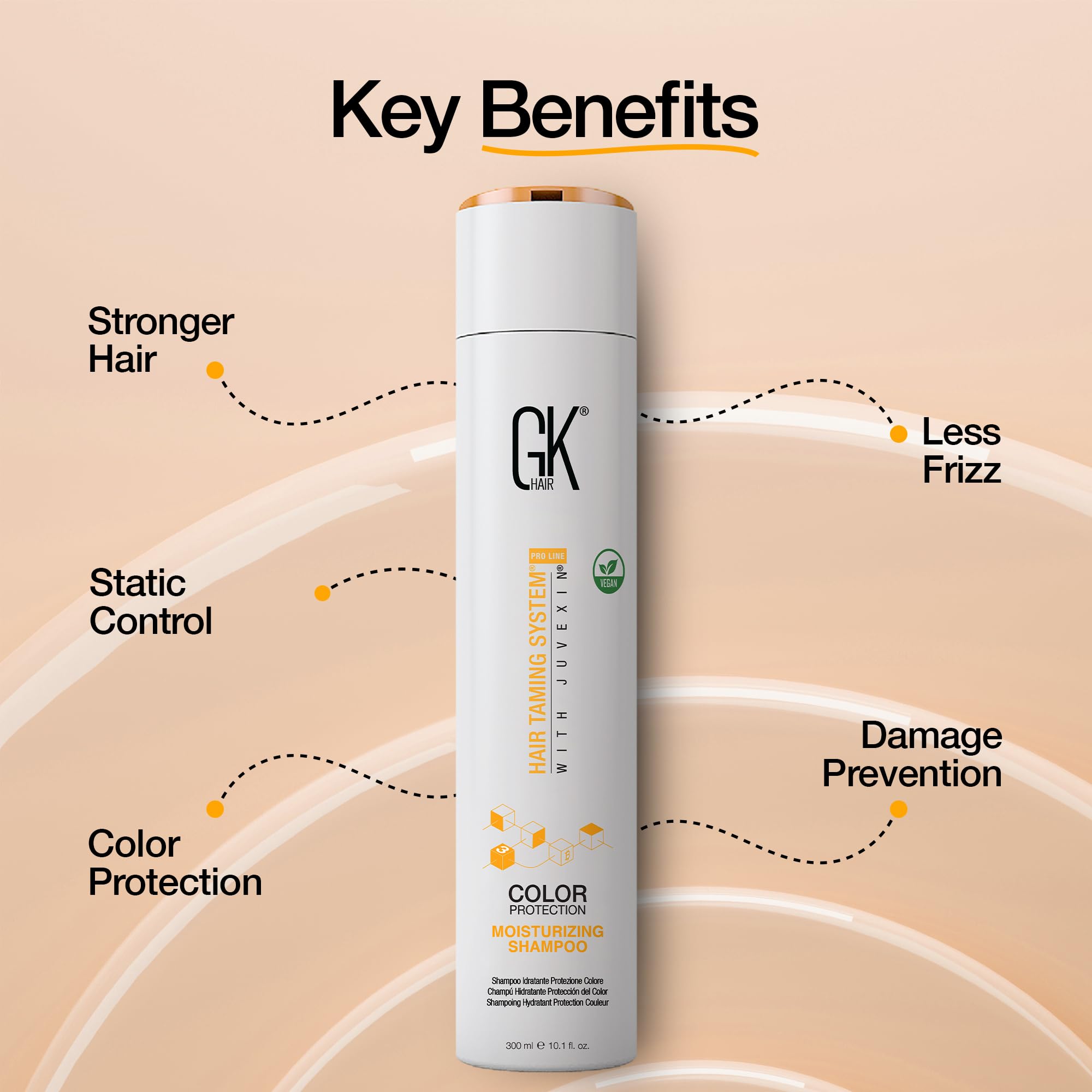 GK Hair keratin-infused bottle indicates strengthened strands and reduced thinning.