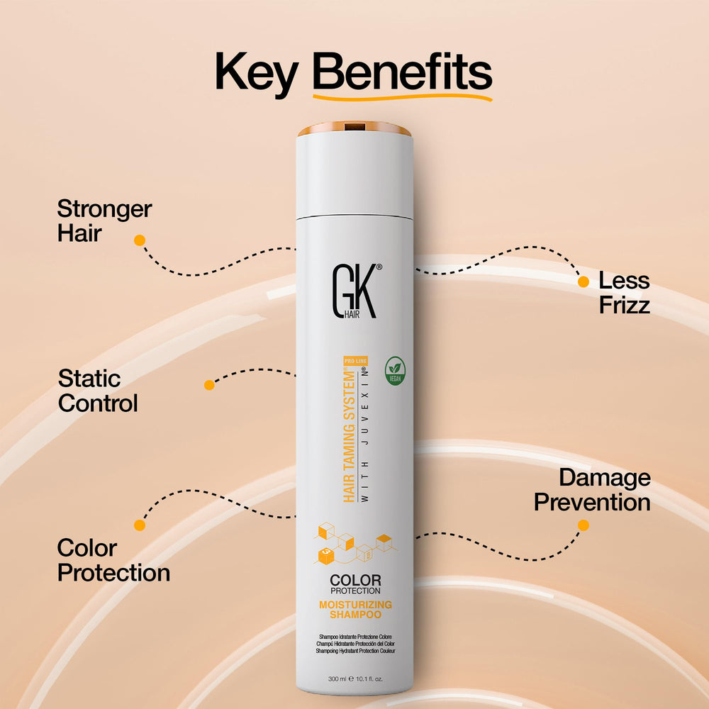 GK Hair keratin-infused bottle indicates strengthened strands and reduced thinning.