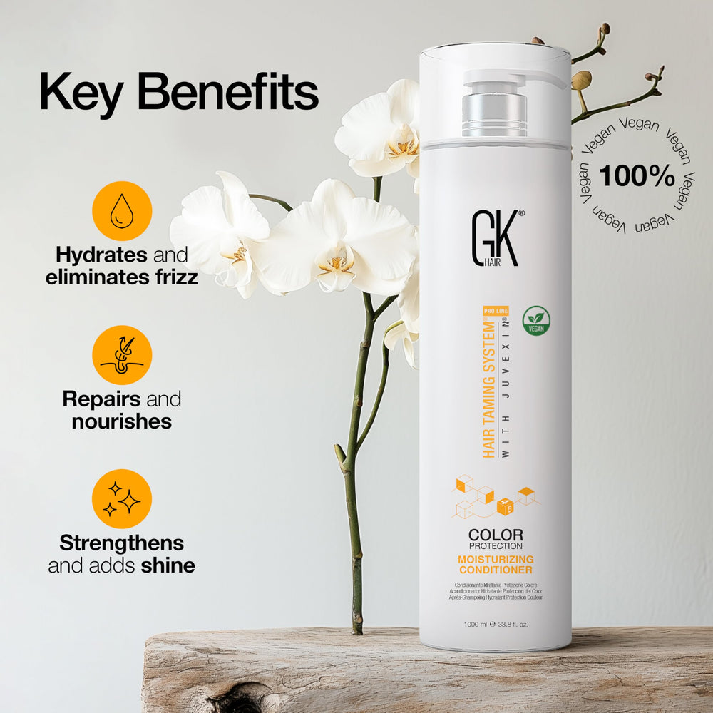 Natural seed oils and keratin blend in GK HAIR conditioner for frizz reduction