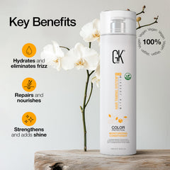 Natural seed oils and keratin blend in GK HAIR conditioner for frizz reduction