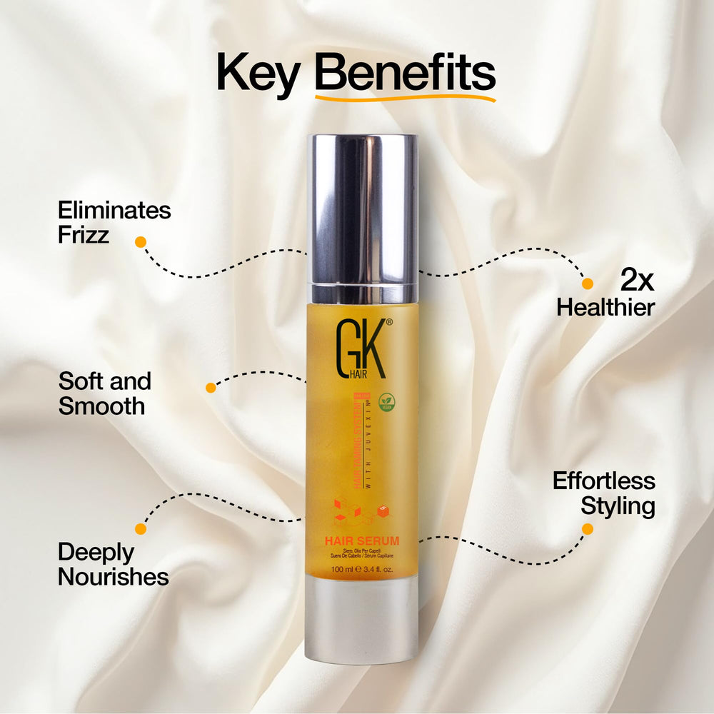 GK HAIR Argan Oil Serum bottle closeup highlights silky hydration for damaged hair.