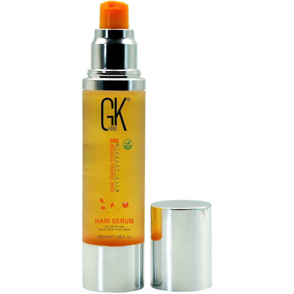 GK HAIR Argan Oil Serum bottle pour shows quick frizz control and shine.