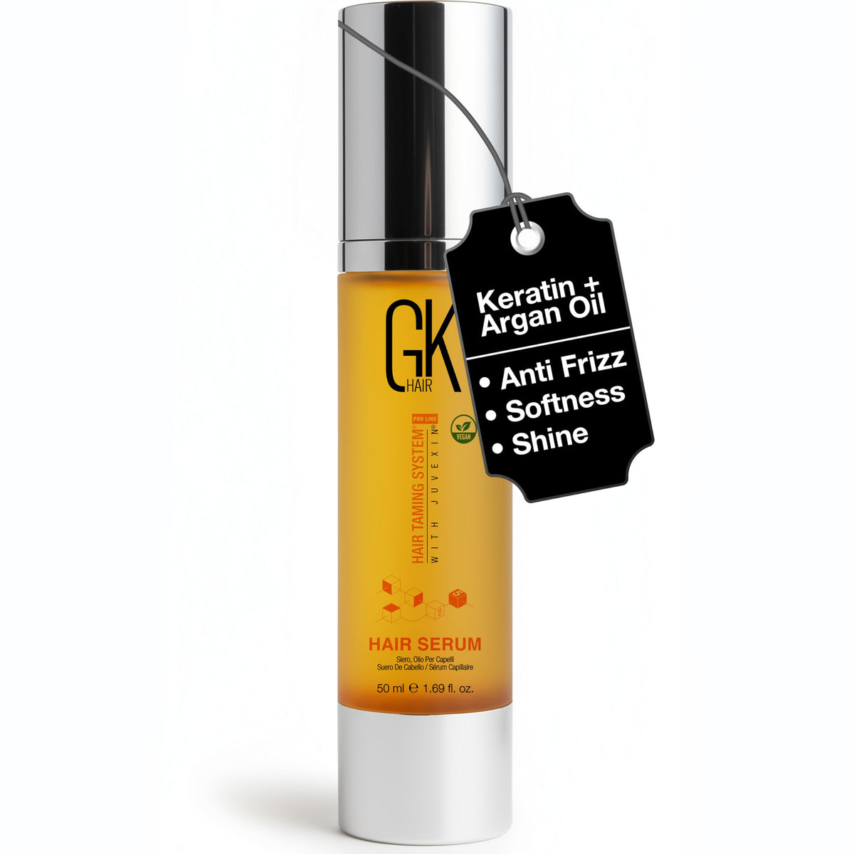 GK HAIR Oil argan heat-protectant serum bottle demonstrates lightweight frizz control