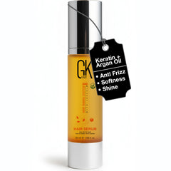 GK HAIR Oil argan heat-protectant serum bottle demonstrates lightweight frizz control
