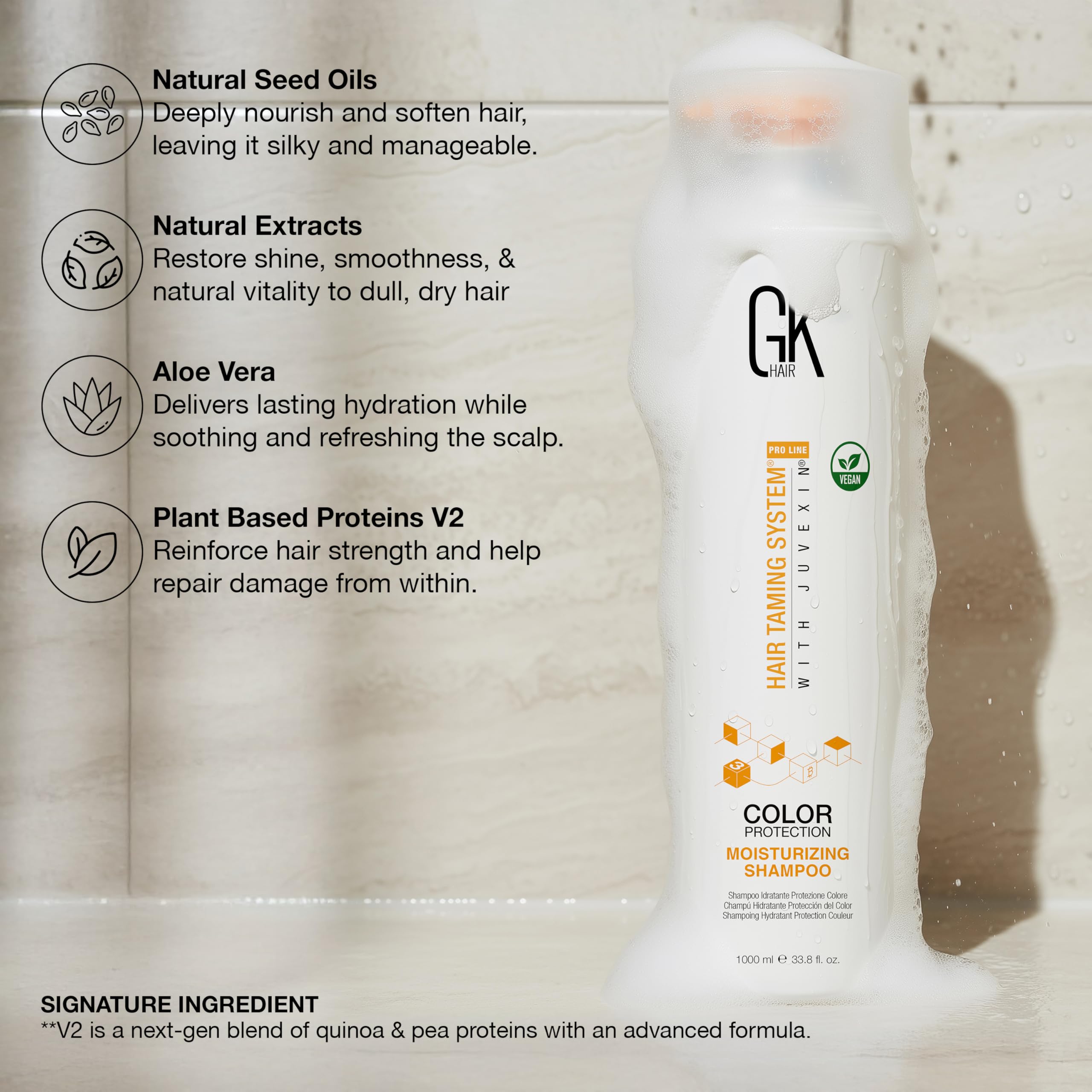 GK HAIR sulfate-free label foregrounded for gentle cleansing on color-treated hair