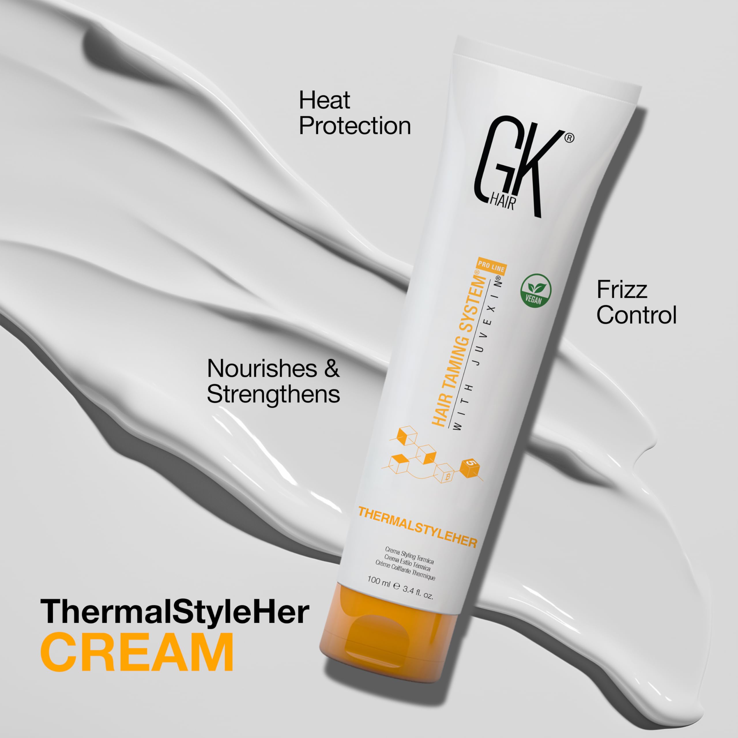 GK HAIR ThermalStyleHer cream texture closeup highlighting silky lightweight formula