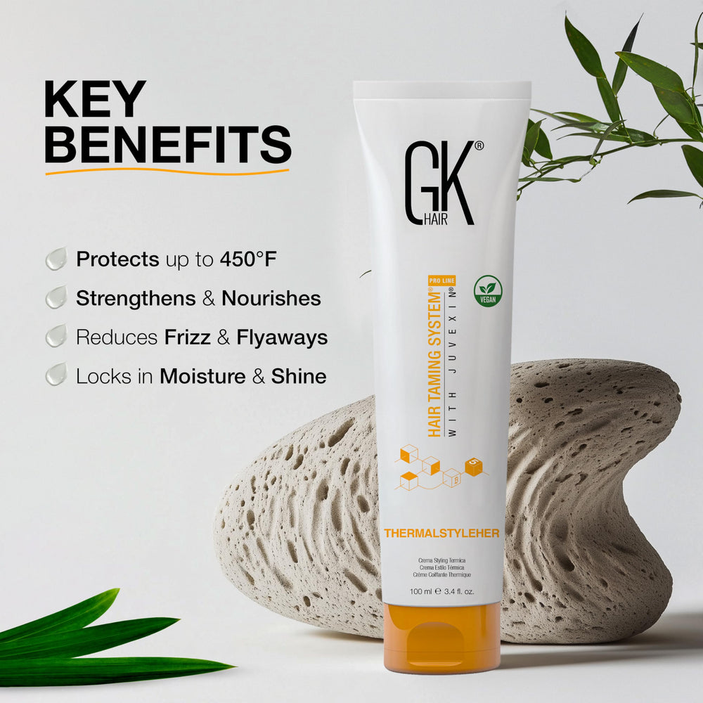 GK HAIR ThermalStyleHer flat-iron-protection illustrates safe, shiny results