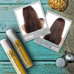 GK HAIR travel size hair oil heat protection spray on strands suggests shield from heat