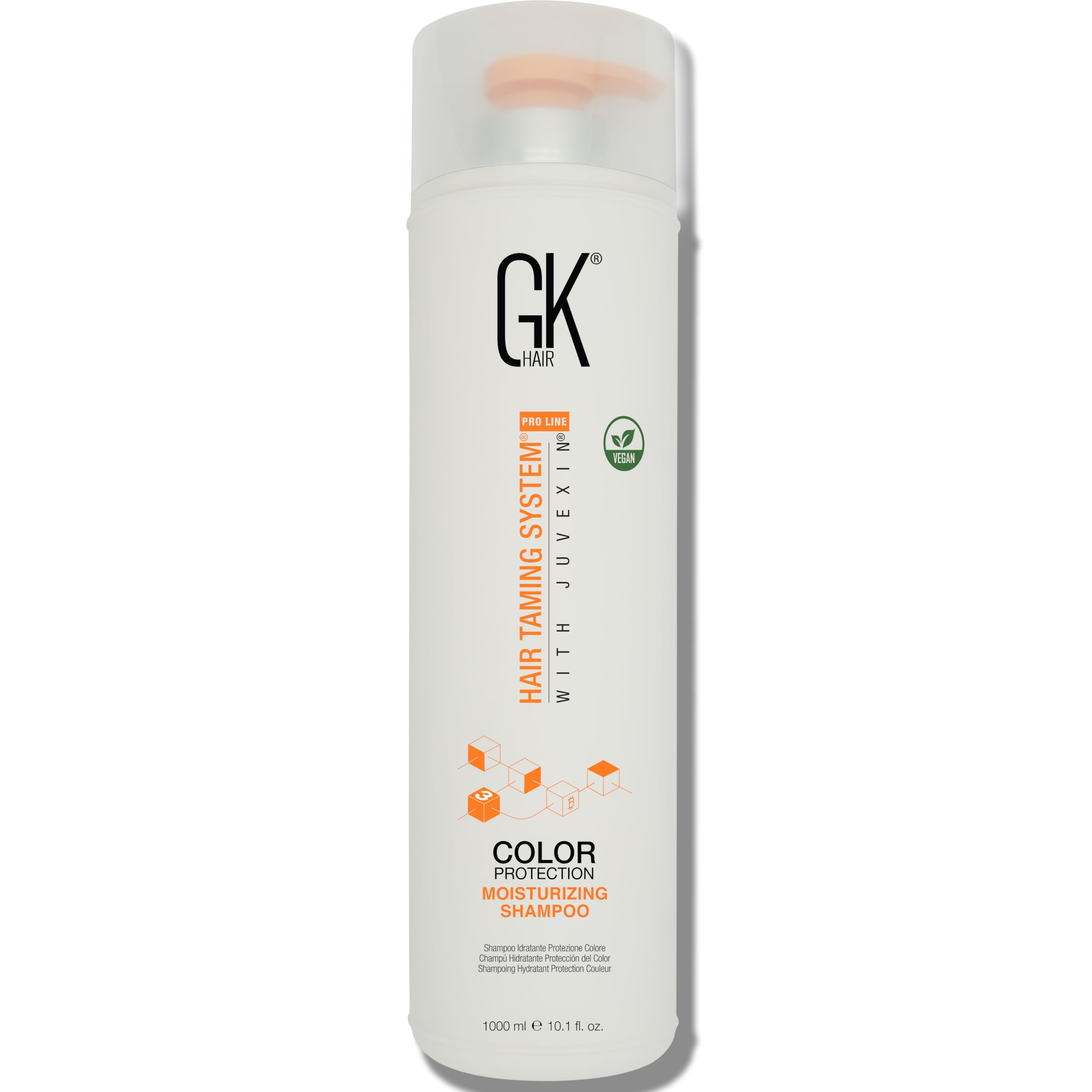 GK HAIR vegan color-treated shampoo bottle shows color protection and deep hydration.