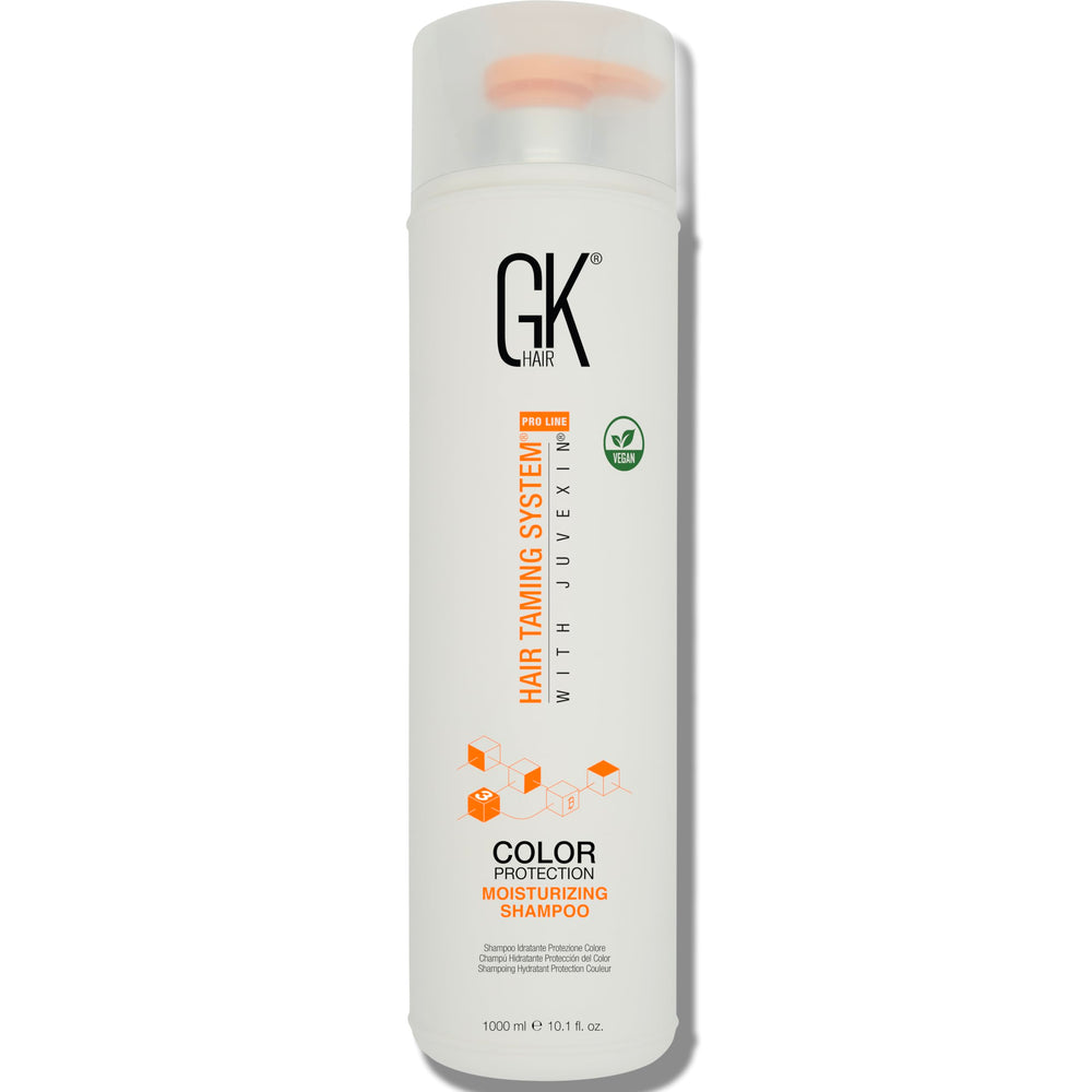 GK HAIR vegan color-treated shampoo bottle shows color protection and deep hydration.