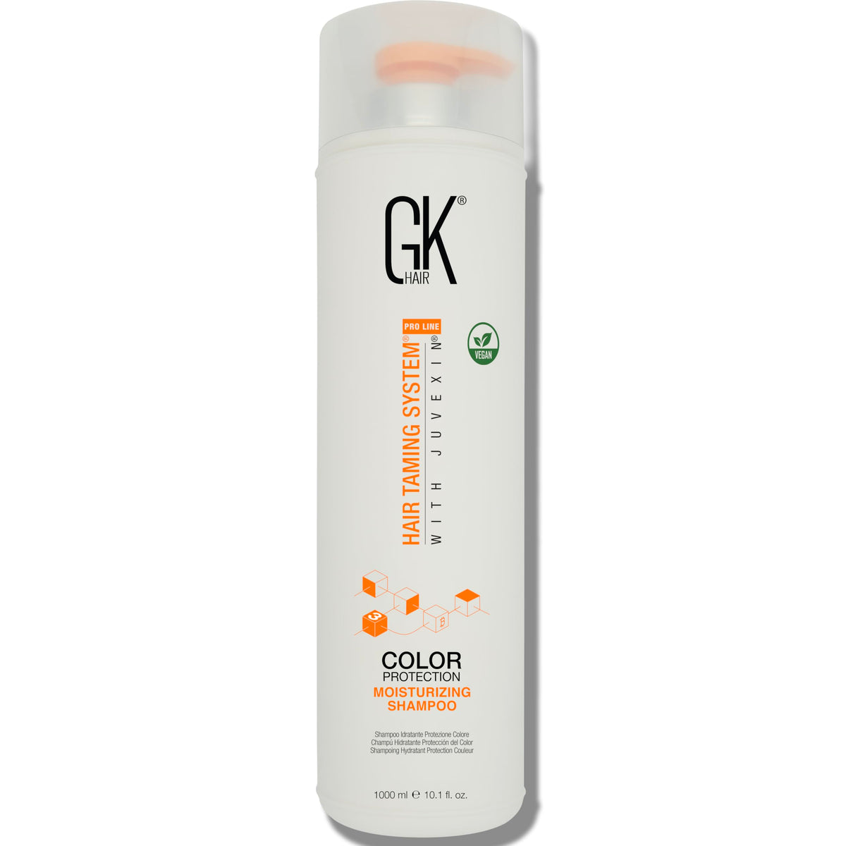 GK HAIR vegan color-treated shampoo bottle shows color protection and deep hydration.