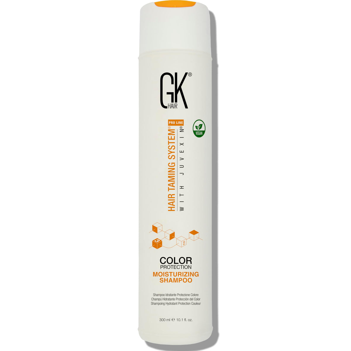 GK Hair vegan shampoo bottle shows color protection for vibrant color-treated hair.