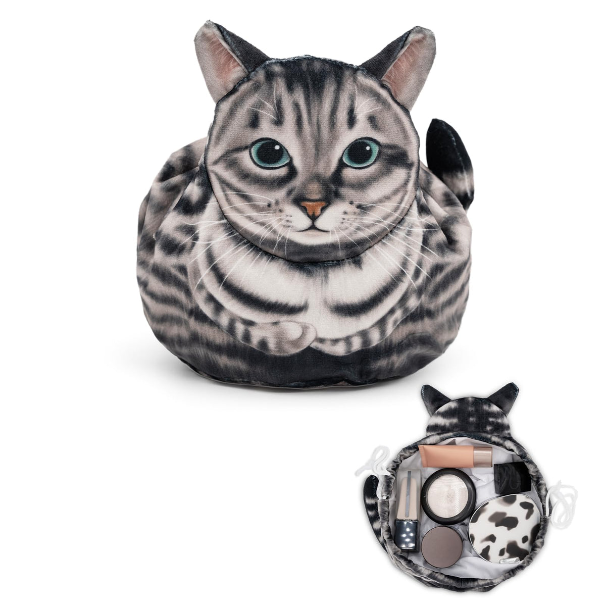 GKIOYRO drawstring makeup bag gray cat front view showing spacious interior for cosmetics on trips