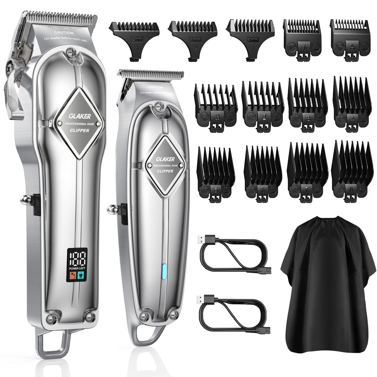 GLAKER hair clippers cordless kit silver for pro-grade home grooming.