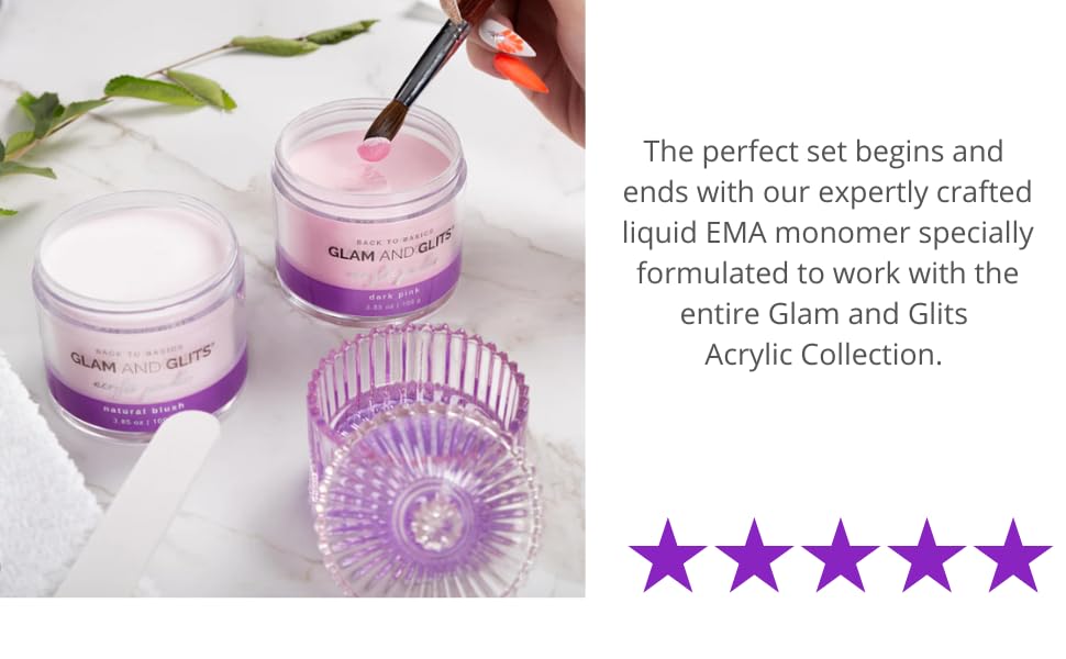 Glam and Glits Back to Basics powders showcase pink, white, and clear options.