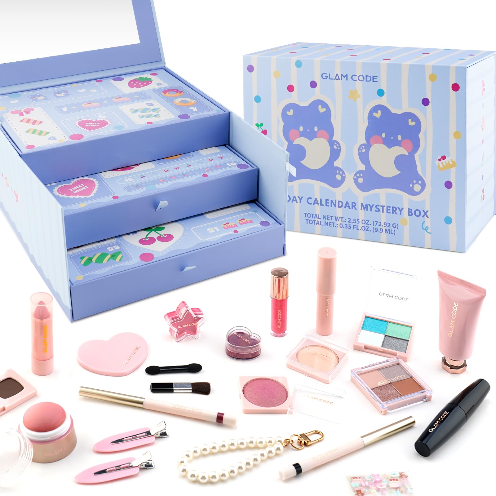 Glam Code 24 Day Advent Calendar blue box front view for daily beauty surprises.
