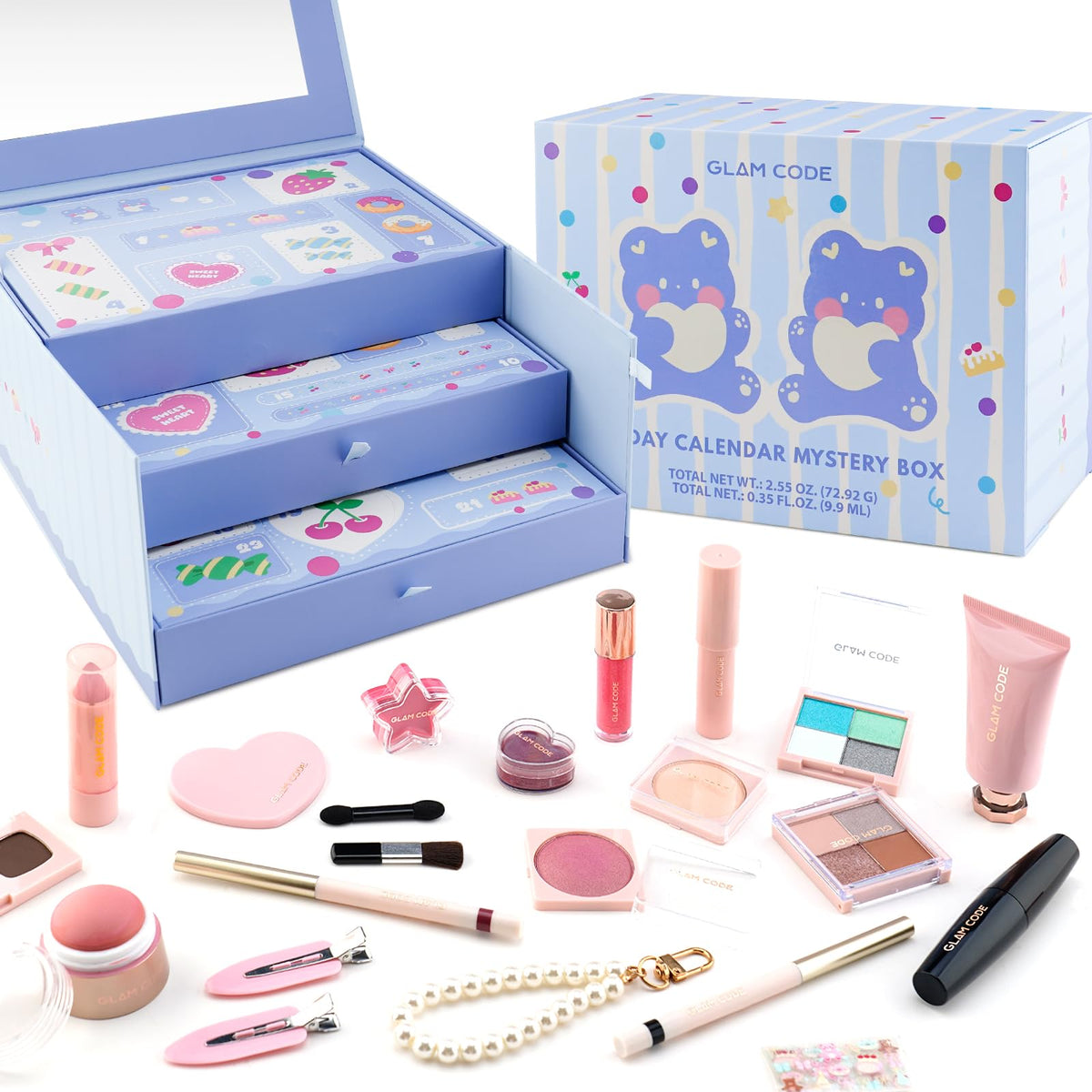 Glam Code 24 Day Advent Calendar blue box front view for daily beauty surprises.