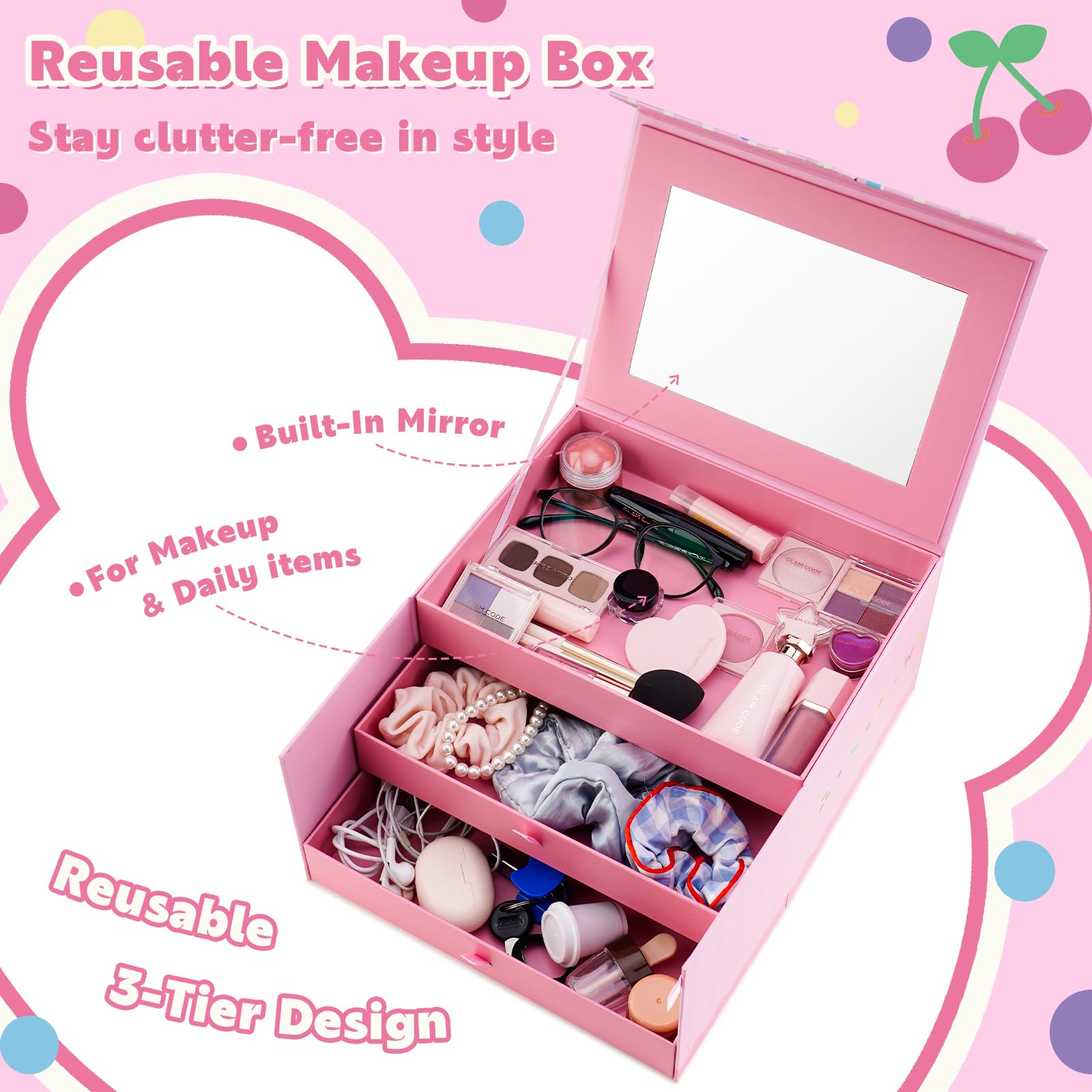 Glam Code reusable gift box stores cosmetics neatly with built-in mirror