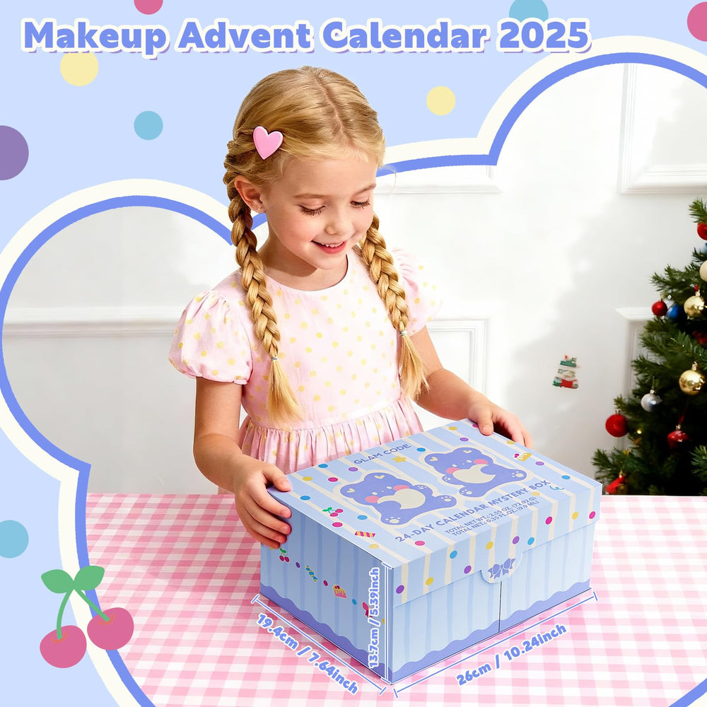 Glam Code blue advent calendar open compartments reveal daily makeup treats.