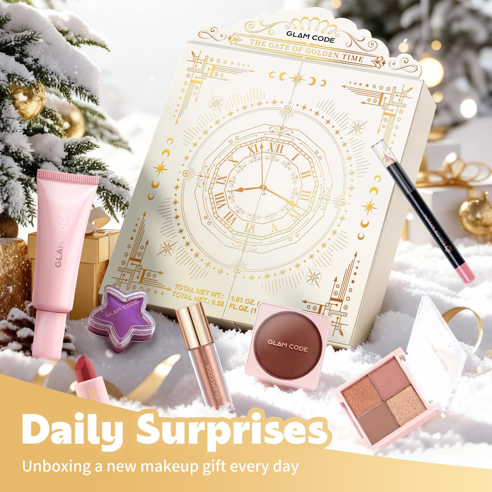 Glam Code makeup tools set with brush, sponge, and puff.