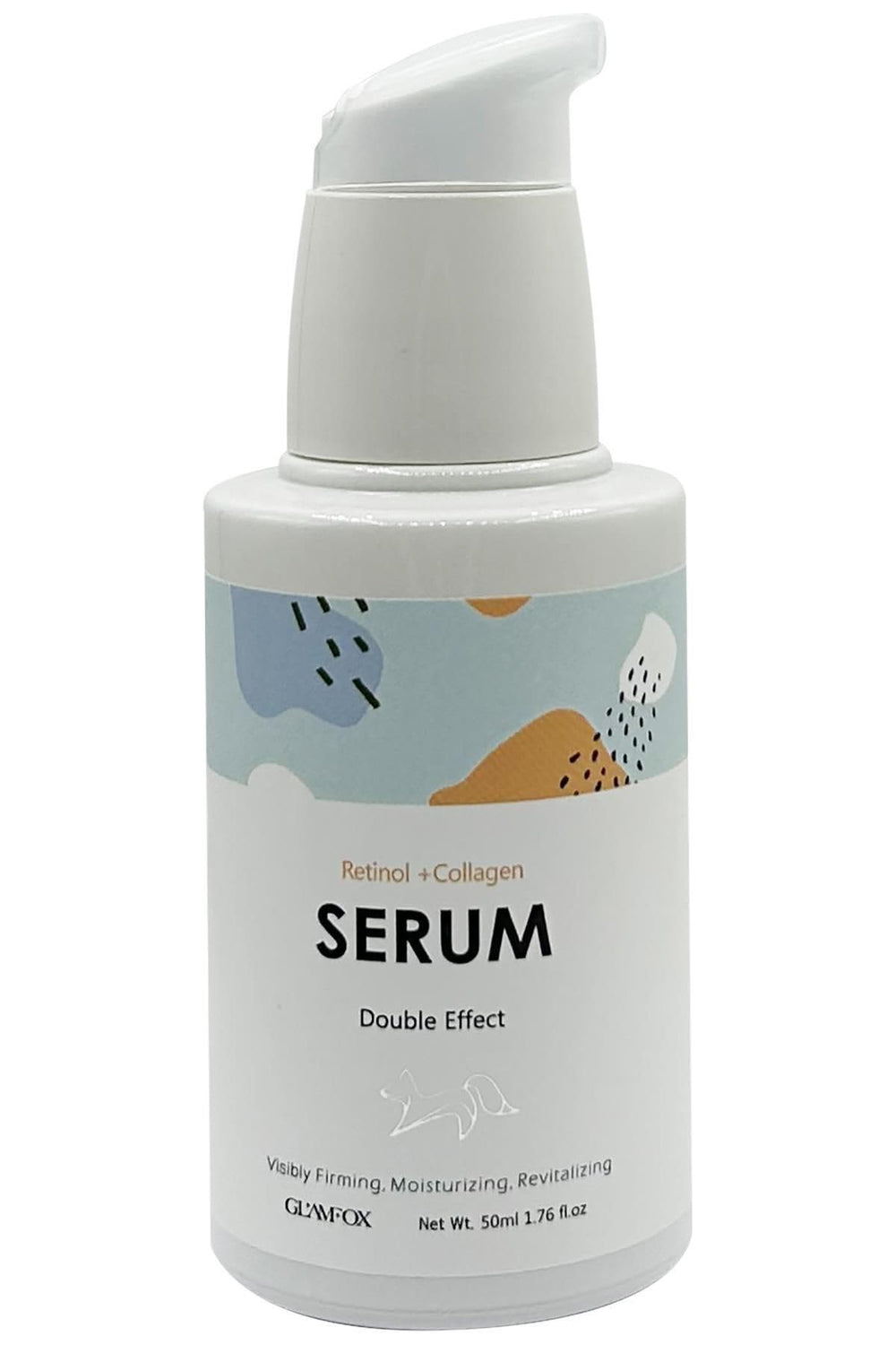 GlamFox Retinol + Collagen Serum bottle close-up highlights hydration and firming potential.